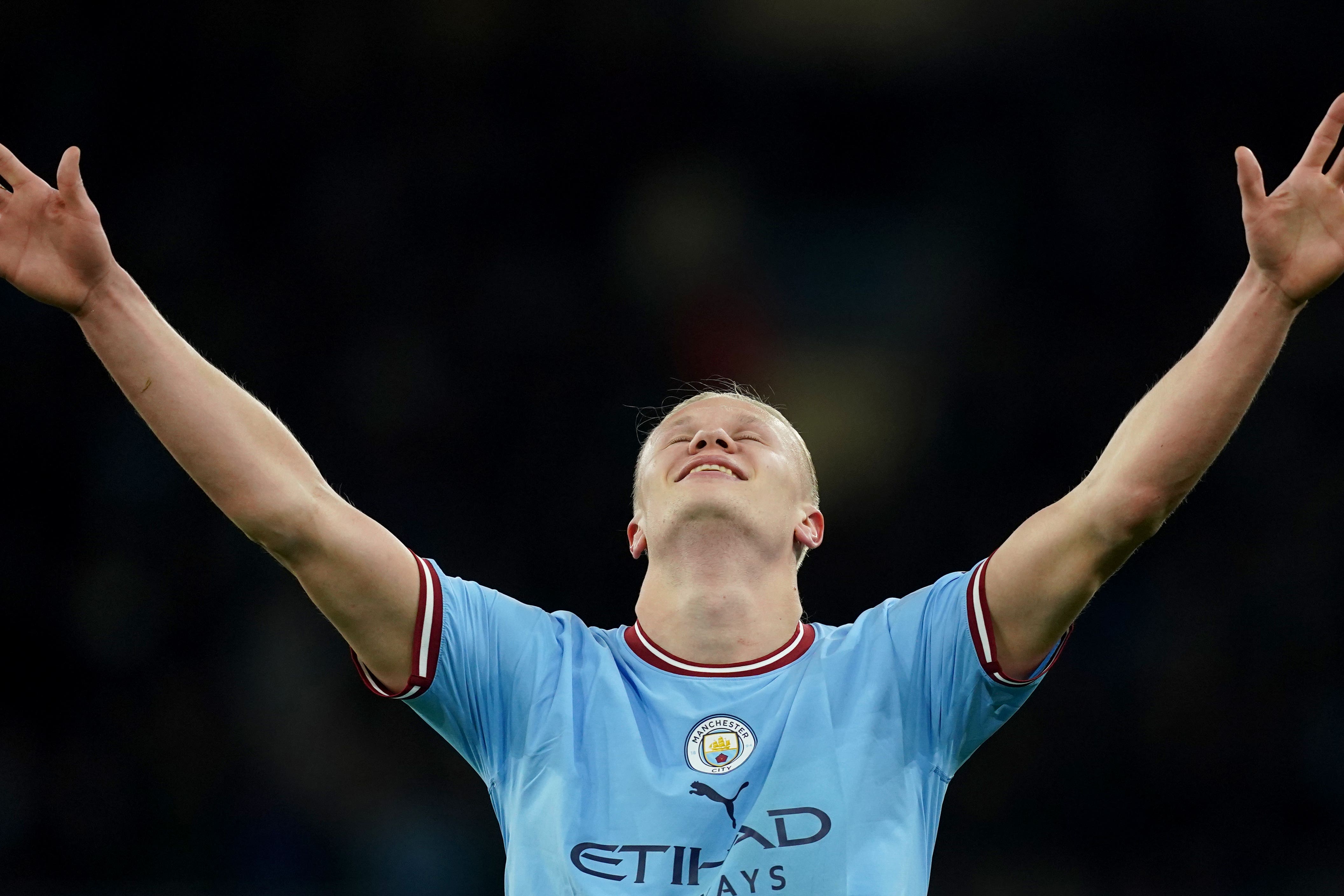 Manchester City’s Erling Haaland celebrates scoring their side’s second goal of the game, breaking the record for most goals in a Premier League season, during the Premier League match at the Etihad Stadium, Manchester. Picture date: Wednesday May 3, 2023.