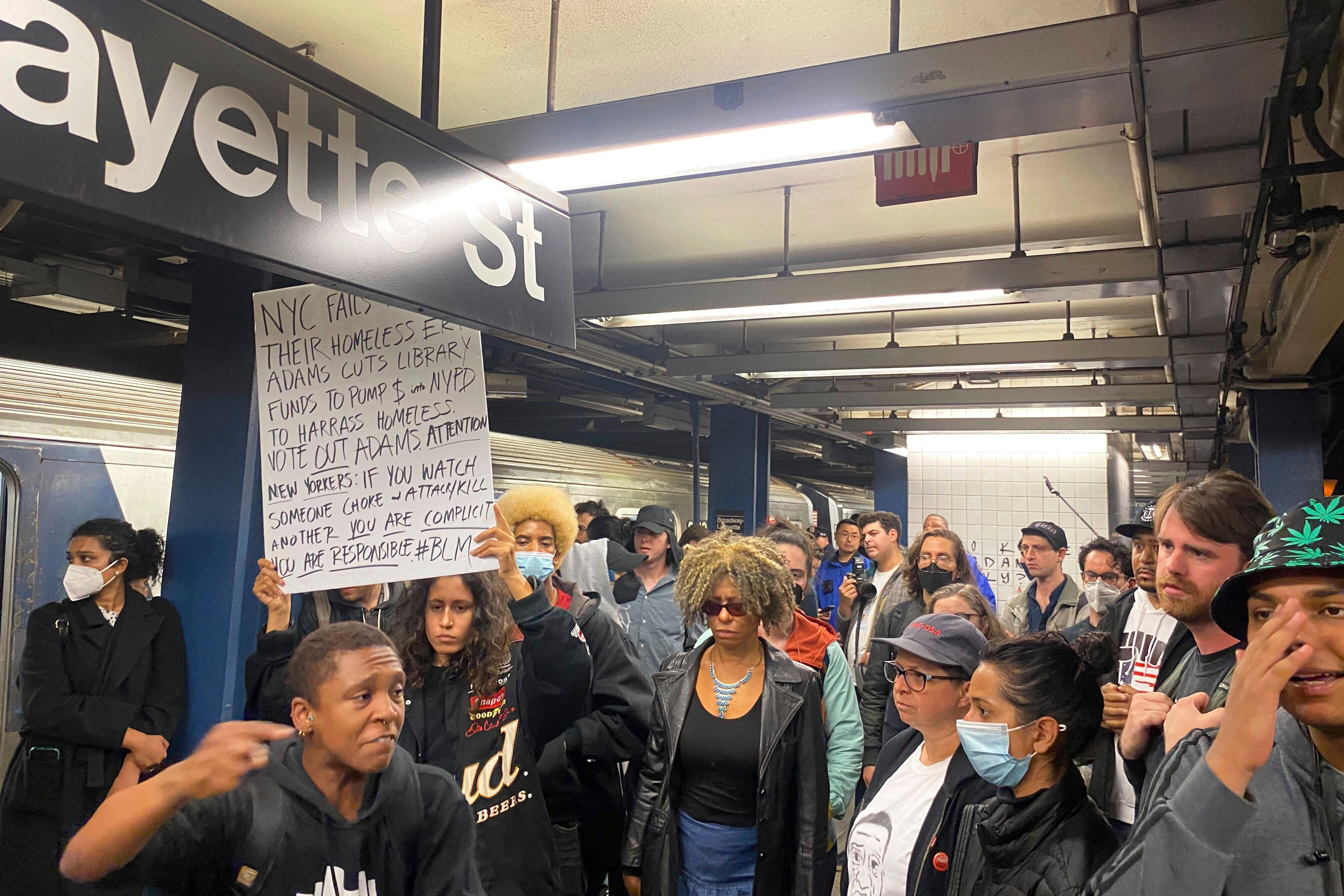 Protesters crowd a subway platform on 3 May to demand justice for the killing of homeless New Yorker Jordan Neely