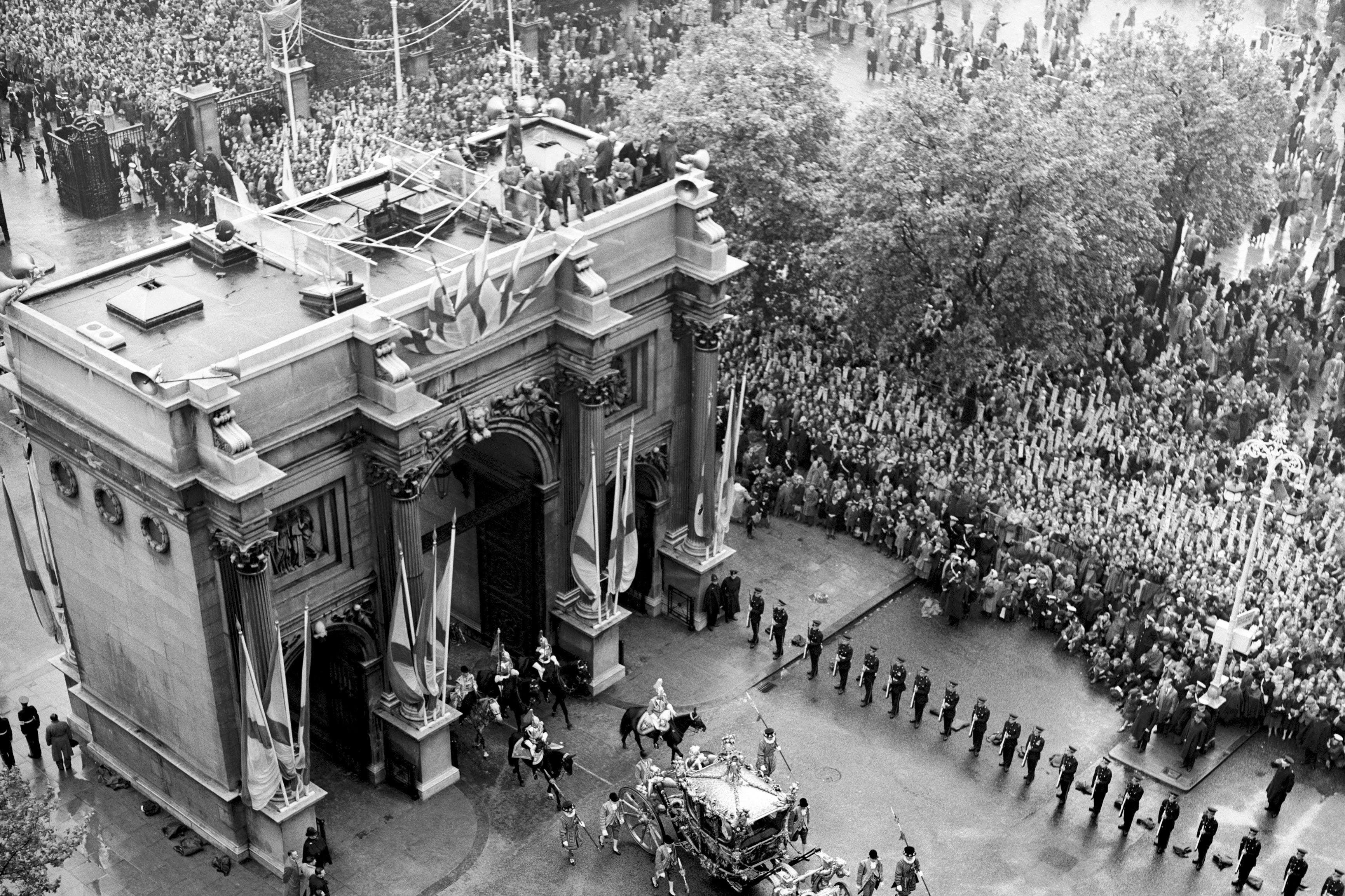 Marble Arch, usually closed to all traffic, open to permit the Coronation procession to pass through (PA)