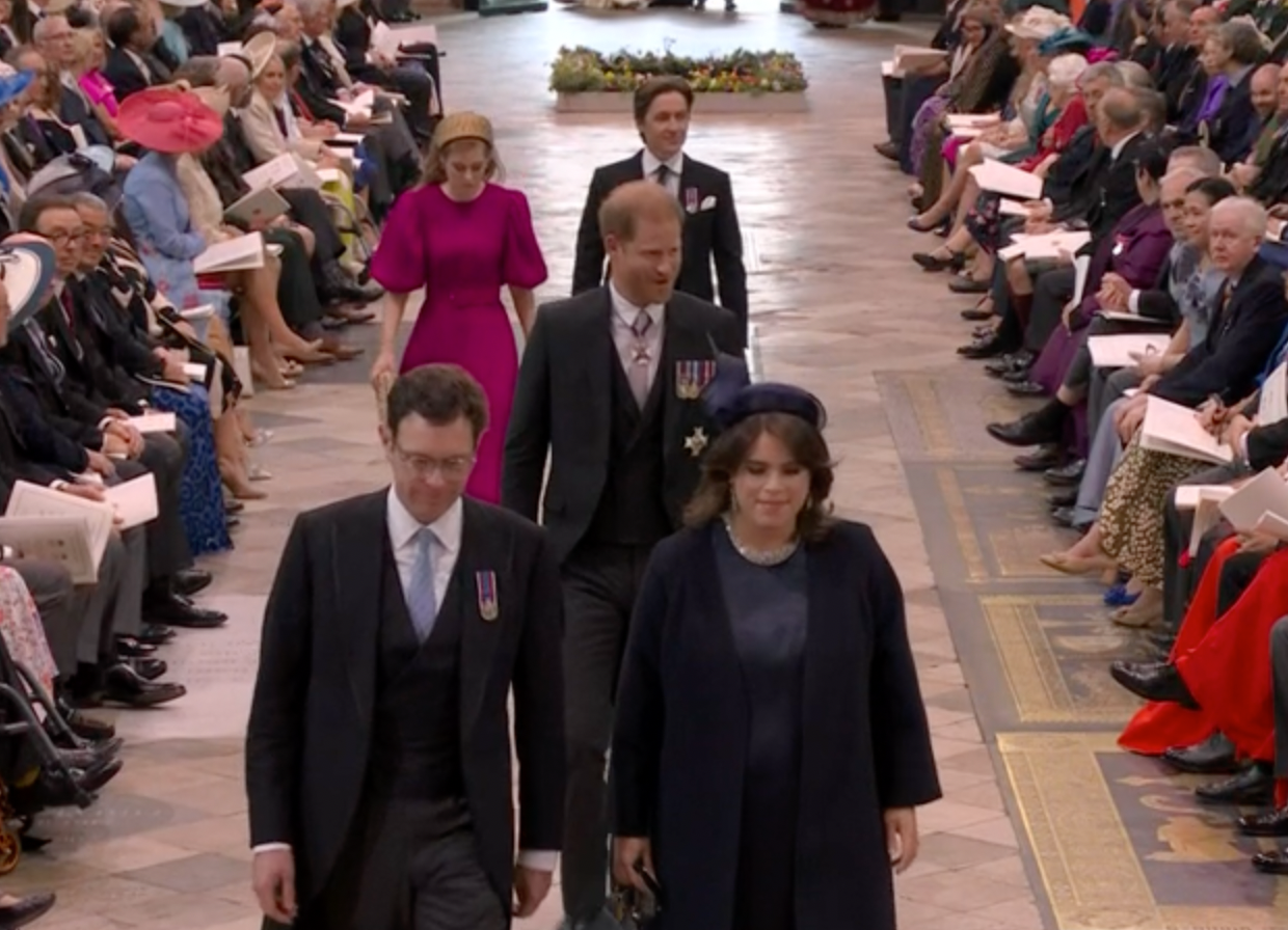 Princesses Beatrice and Eugenie and their husbands and Prince Harry at the coronation