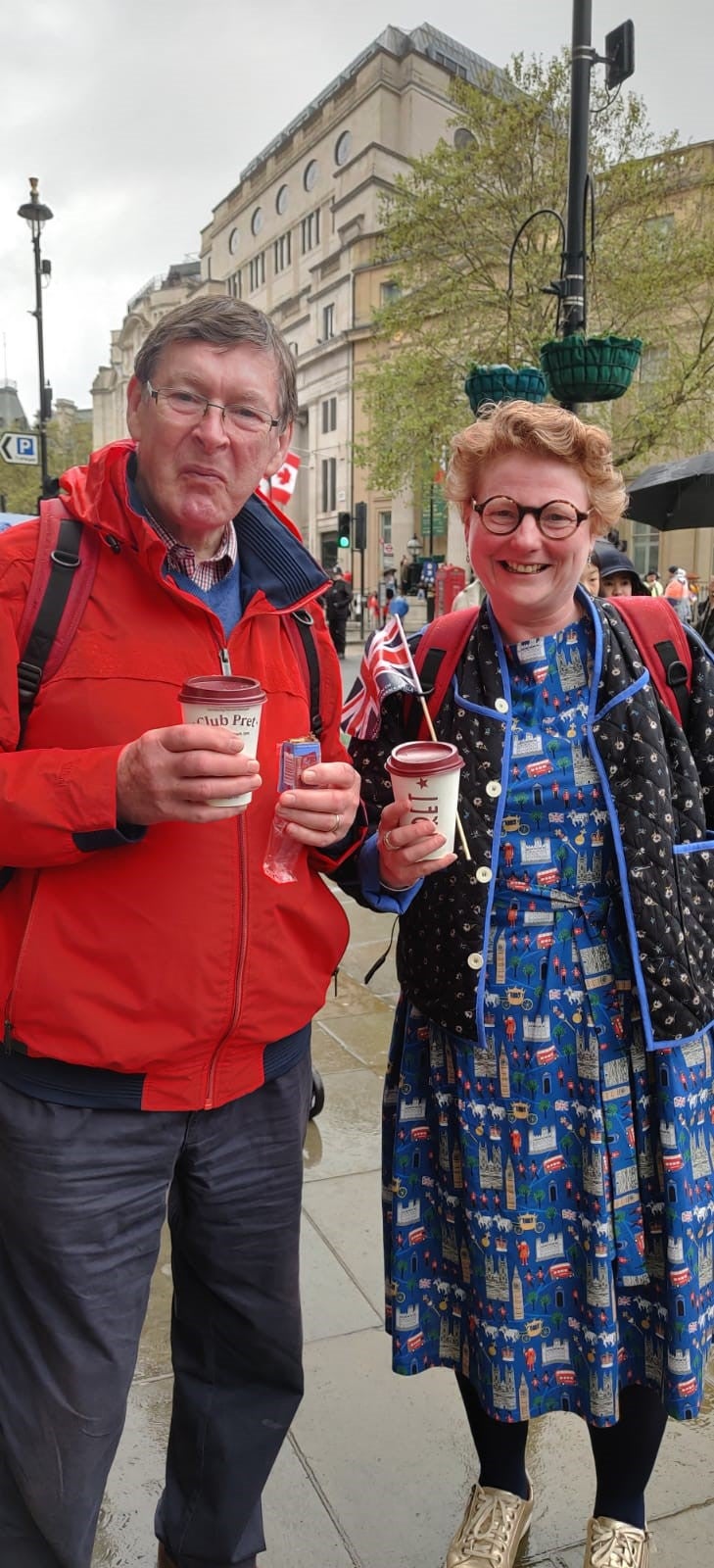 Wendy Bowen (right, with her husband David), made the dress she is wearing for the coronation