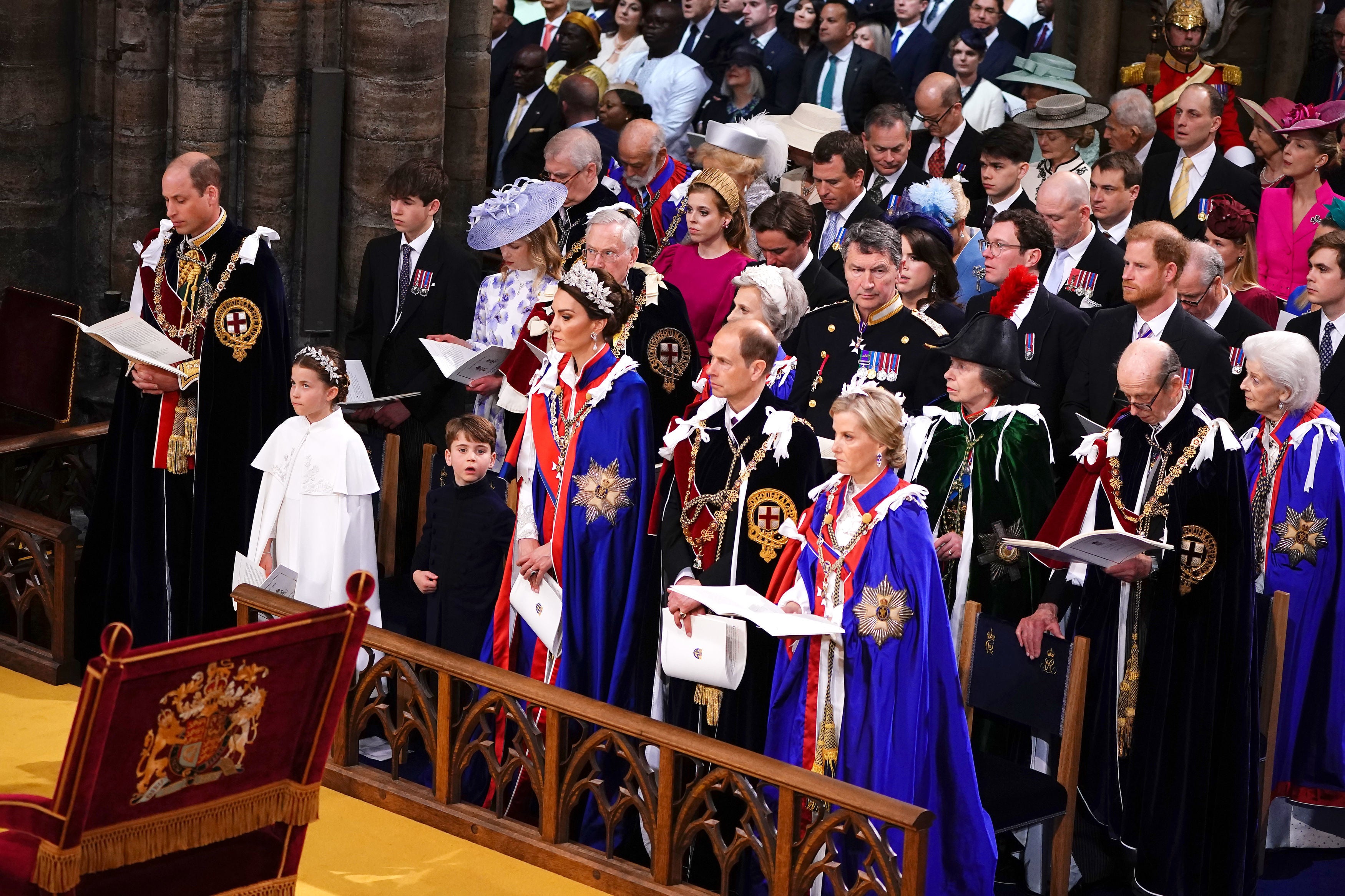 (left to right 3rd and 4th row) The Duke of York, Princess Beatrice, Peter Phillips, Edoardo Mapelli Mozzi, Zara Tindall, Princess Eugenie, Jack Brooksbank, Mike Tindall and the Duke of Sussex, (left to right 2nd row) the Earl of Wessex, Lady Louise Windsor, the Duke of Gloucester, the Duchess of Gloucester, the Princess Royal Vice Admiral Sir Tim Laurence, Prince Michael of Kent, Princess Michael of Kent, (1st row) the Prince of Wales, Princess Charlotte, Prince Louis, the Princess of Wales and the Duke of Edinburgh and the Duchess of Edinburgh at the coronation ceremony of King Charles III and Queen Camilla in Westminster Abbey, London