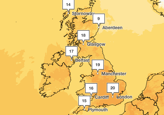 Temperatures for Sunday 7 May are expected to reach 20C