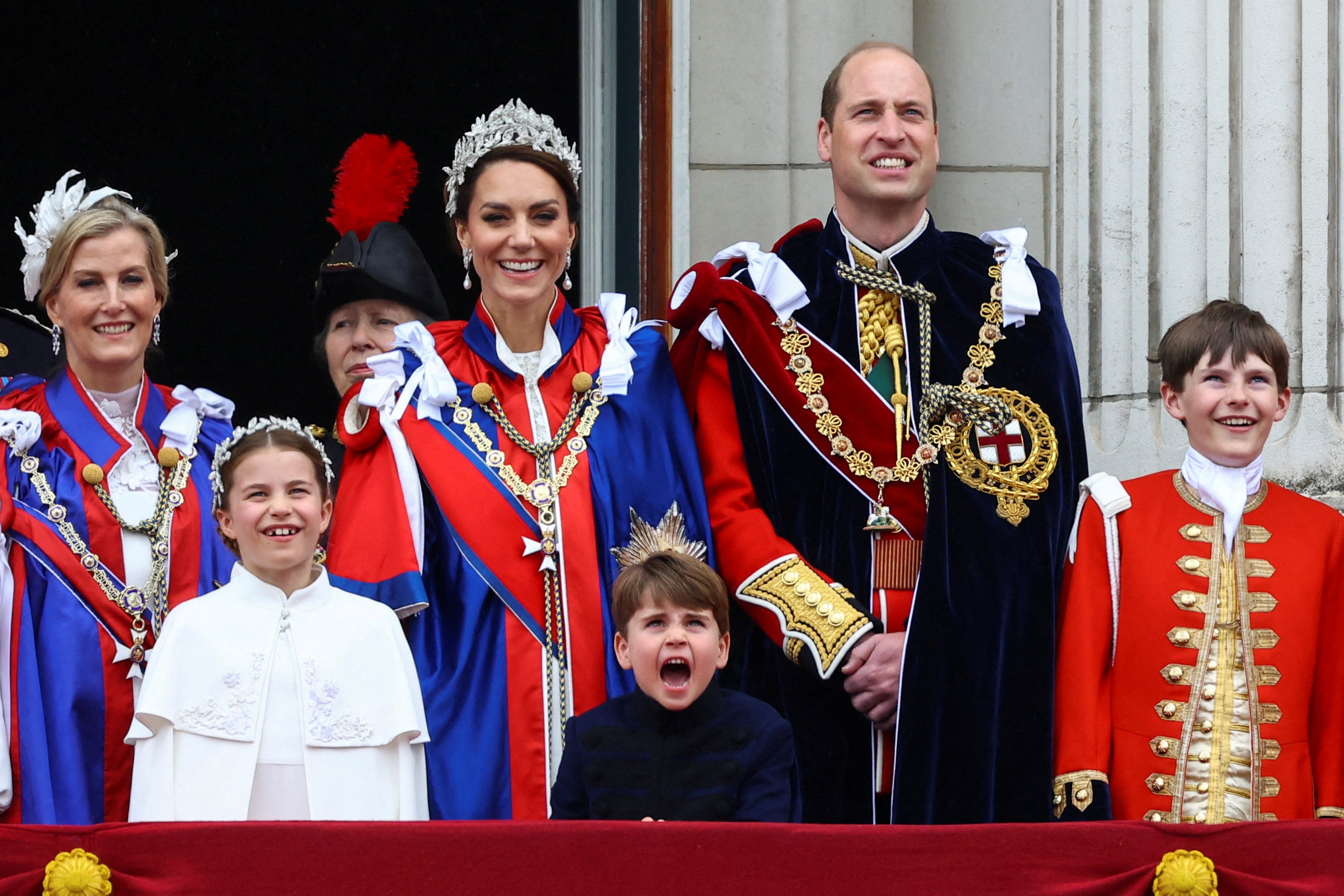 ophie, Duchess of Edinburgh, Anne, Princess Royal, Prince William, Catherine, Princess of Wales, and their children Princess Charlotte and Prince Louis watch the fly past