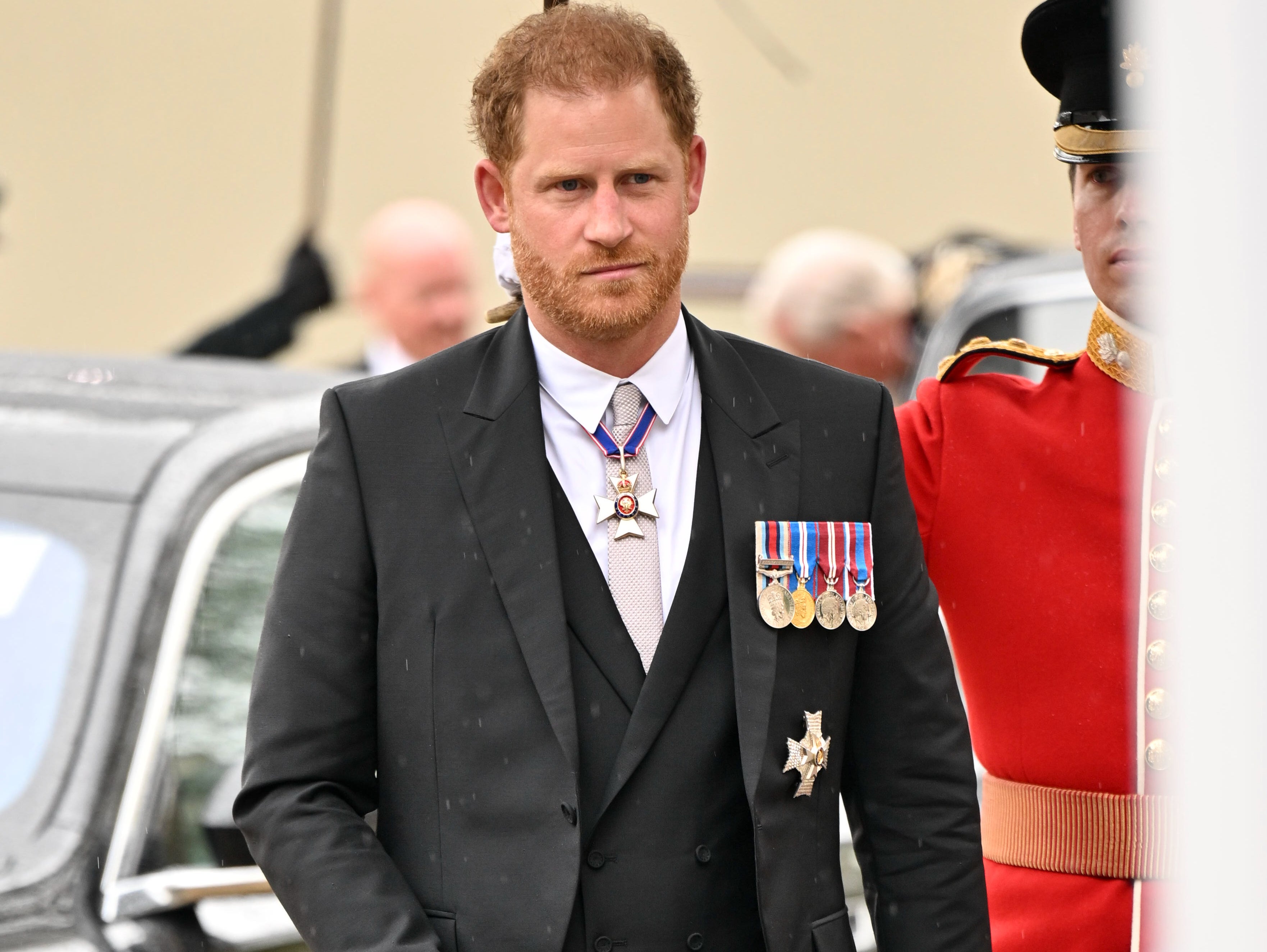 Prince Harry, Duke of Sussex arrives for the Coronation of King Charles III and Queen Camilla at Westminster Abbey on May 6, 2023 in London, England.