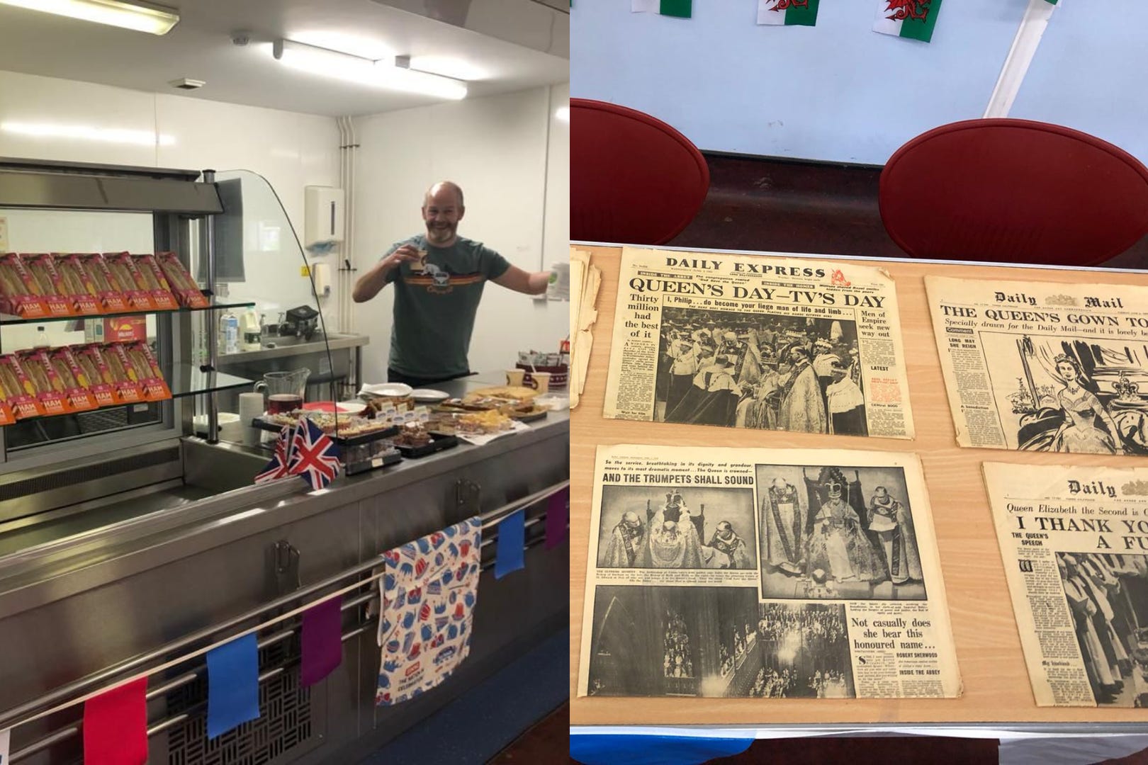 A Big Lunch organiser and some newspapers from the last coronation brought along by a resident (Lyn Bugler and Nick Pritchard/PA)