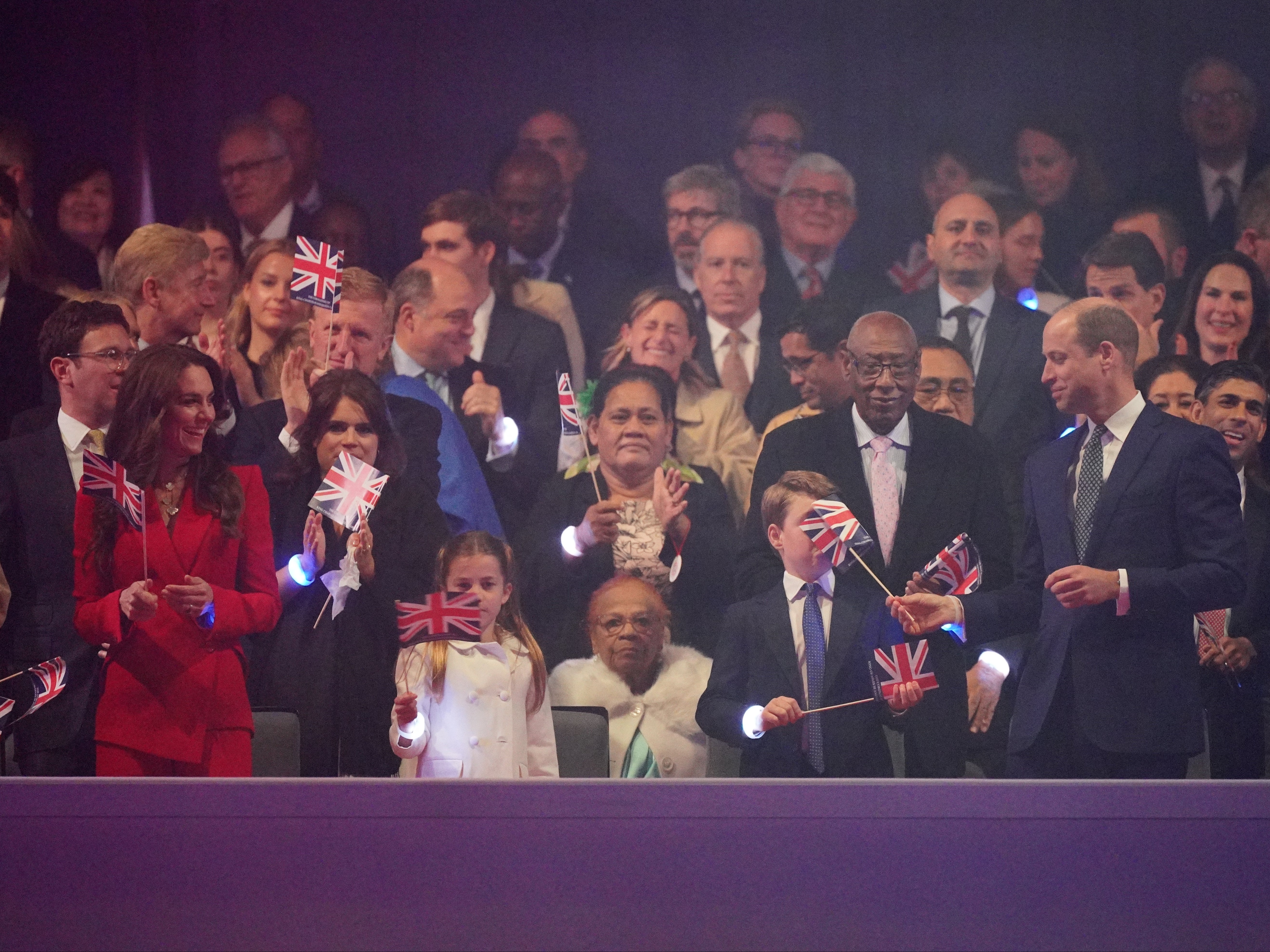 The Princess of Wales, Princess Charlotte, Prince George, and the Prince of Wales, in the Royal Box at the Coronation Concert in the grounds of Windsor Castle