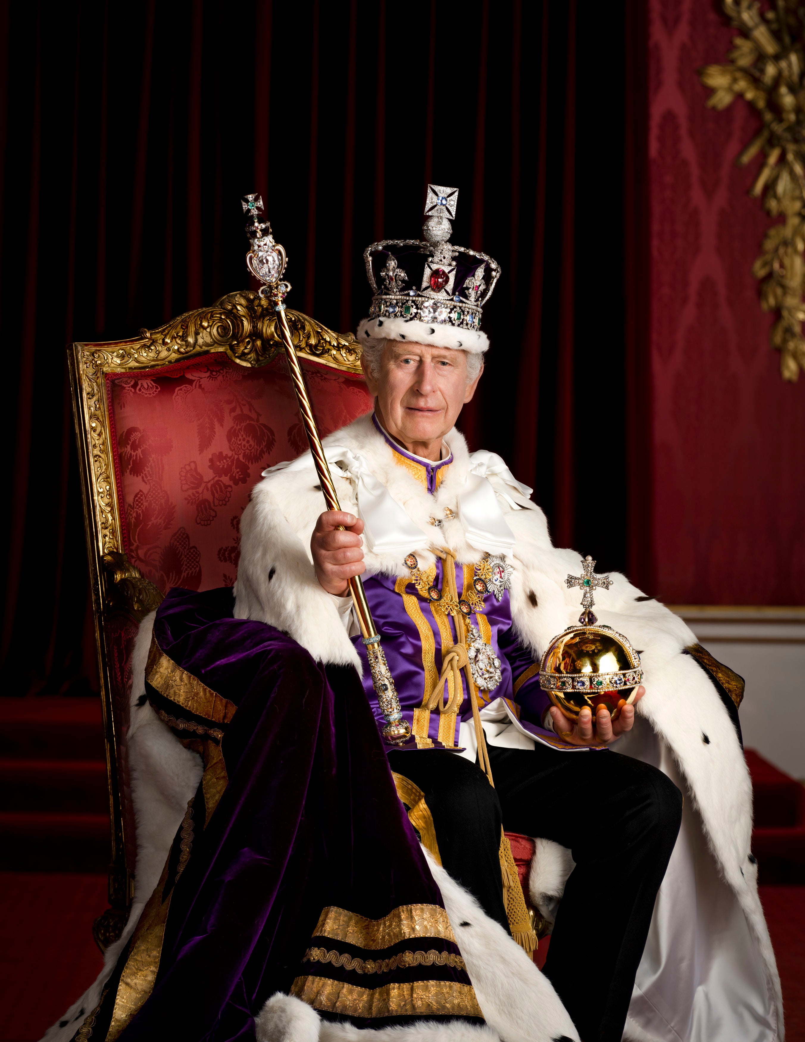 King Charles III is pictured in full regalia in the Throne Room at Buckingham Palace, London