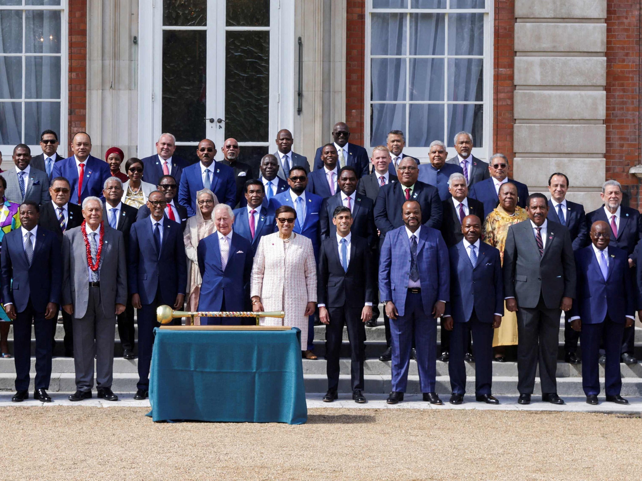 Terrance Drew, back row, far left, and Gonsalves, second row, far right, pose with King Charles and other Commonwealth leaders in London on eve of coronation