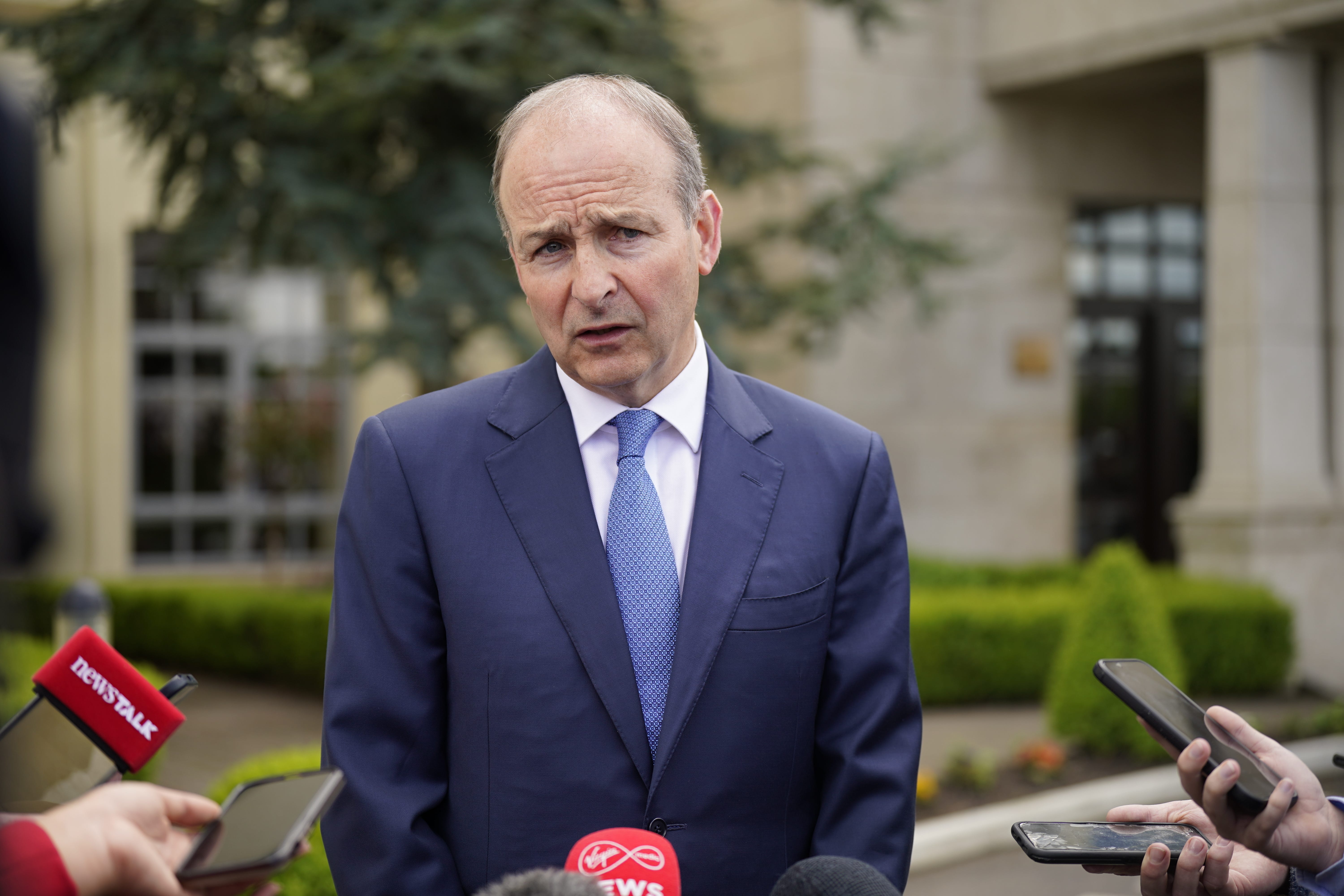 Tanaiste and Minister for Defence Micheal Martin speaks to the media outside the Knightsbrook Hotel in Trim, Co Meath, as he attends day one of the Permanent Defence Forces Representative Association (PDFORRA)annual conference. Picture date: Tuesday May 9, 2023.