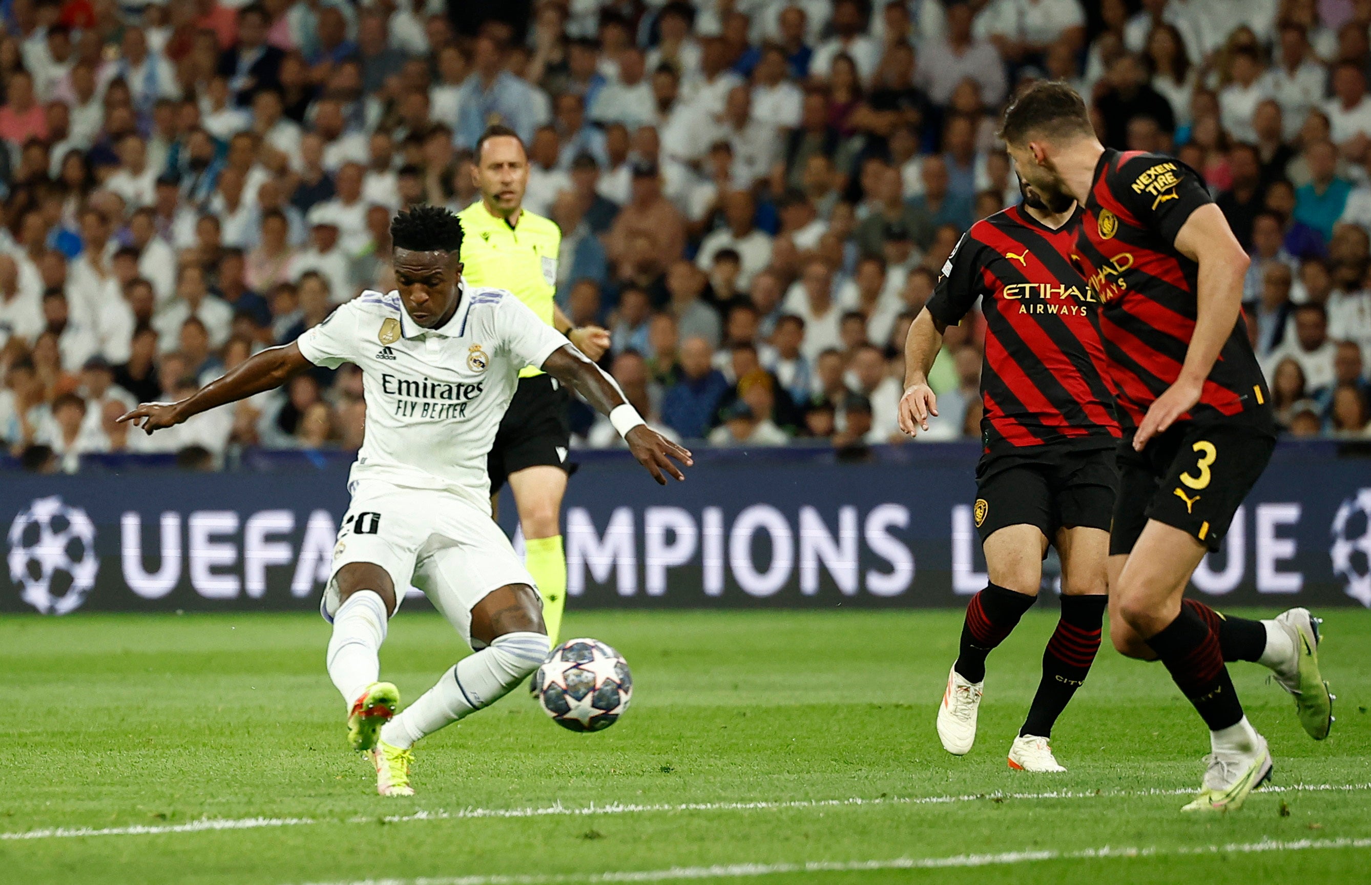 City dominated possession but Vinicius Jr’s stunning strike gave Real the lead