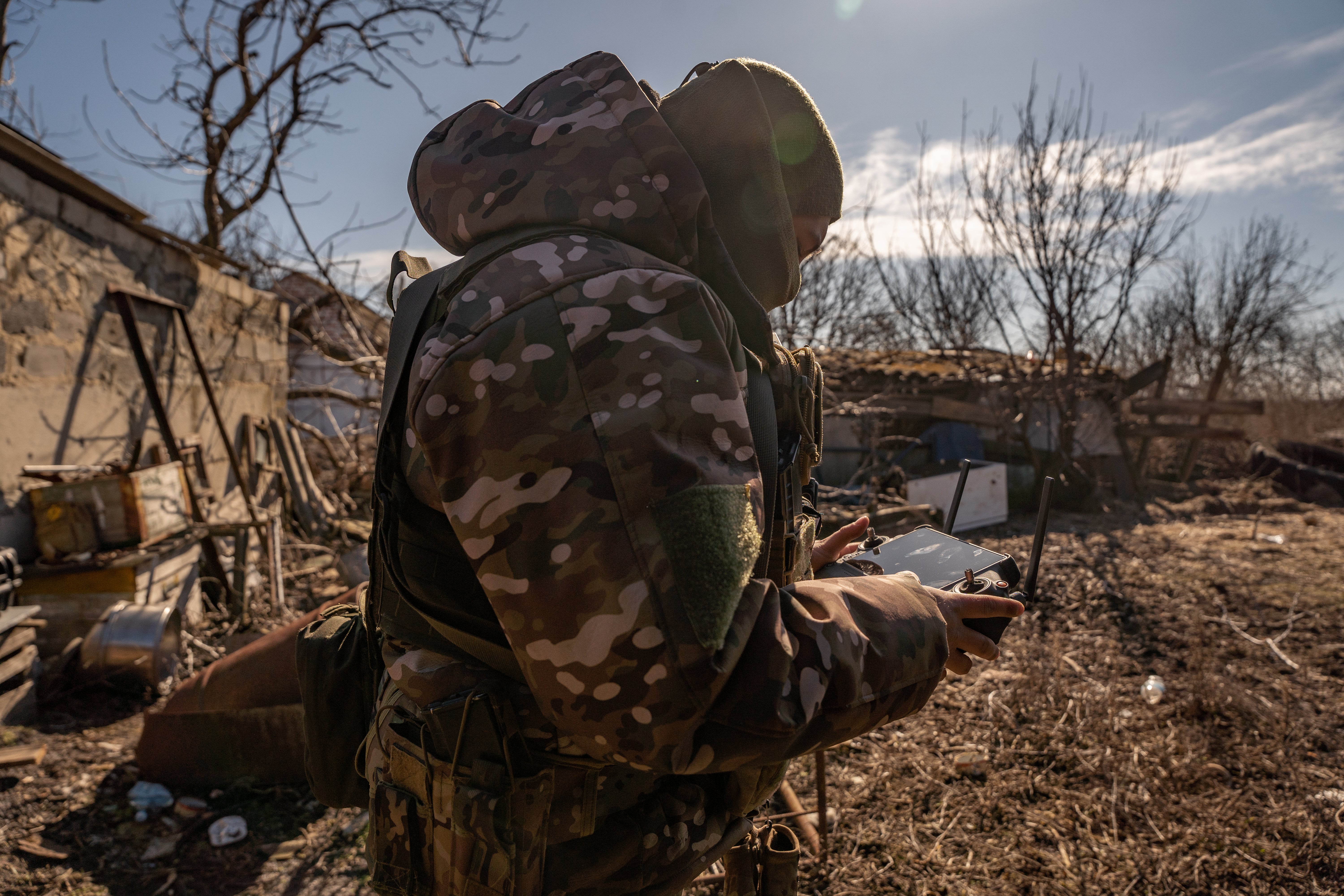 A Ukrainian drone operator surveys Russian movement just a few hundred metres from their positions