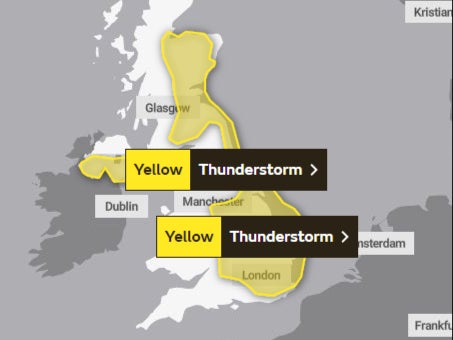 The Met Office has issued a warning for storms across the east of the UK and Midlands until 8pm on Thursday