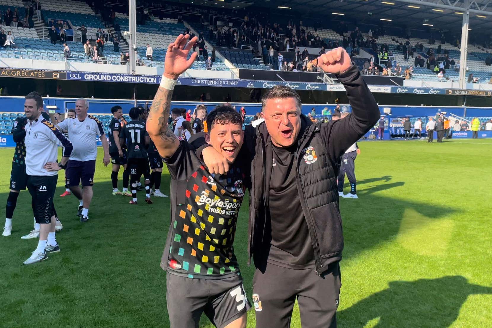 Coventry kitman Chris Marsh celebrates a win at QPR last month with Gustavo Hamer (Chris Marsh/PA)