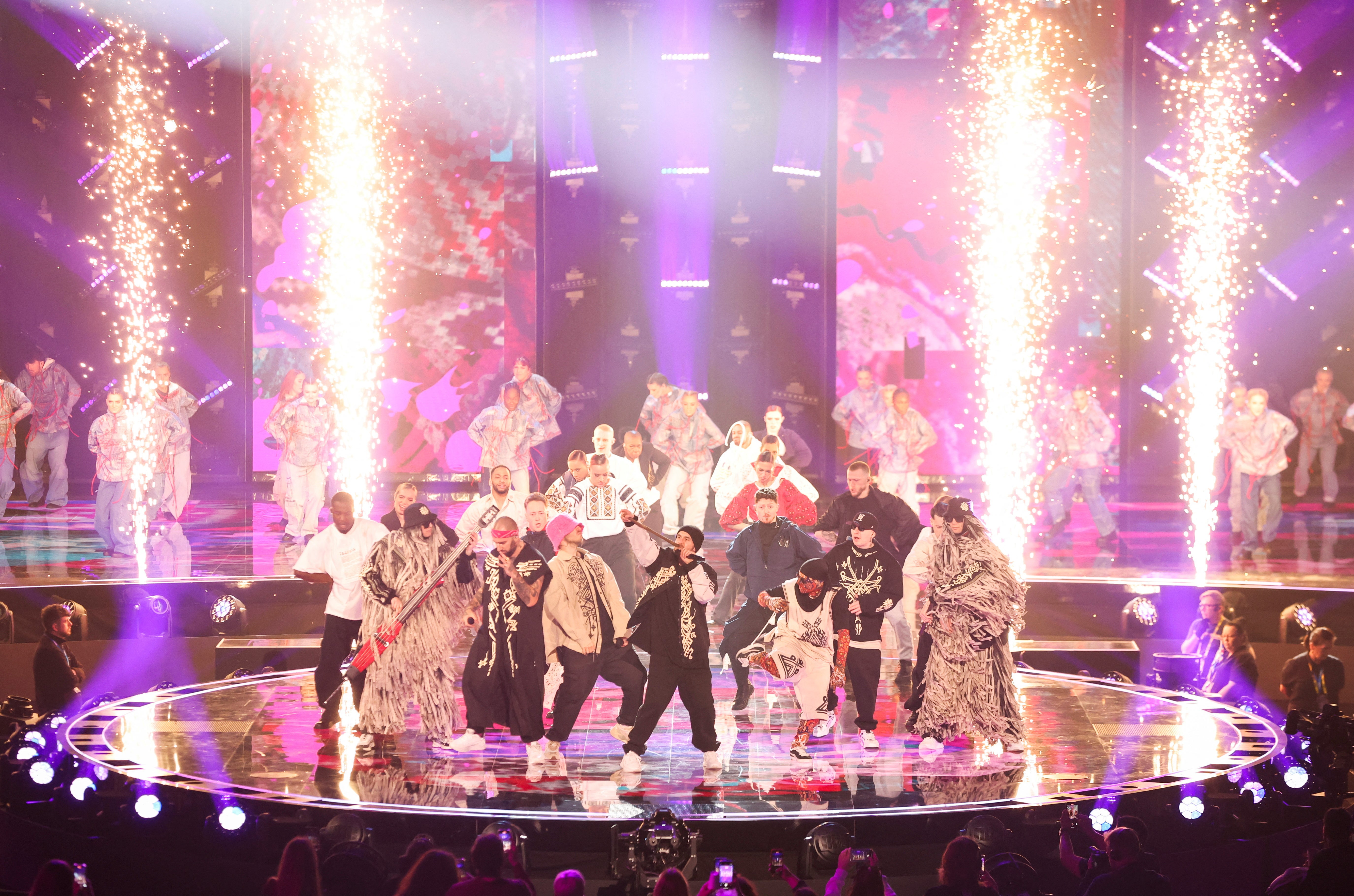 Ukraine’s Kalush Orchestra takes part in a dress rehearsal for the Eurovision Song Contest's grand final in Liverpool