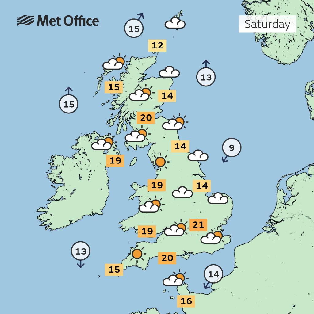 Weather map showing the forecast for Saturday’s peak temperatures