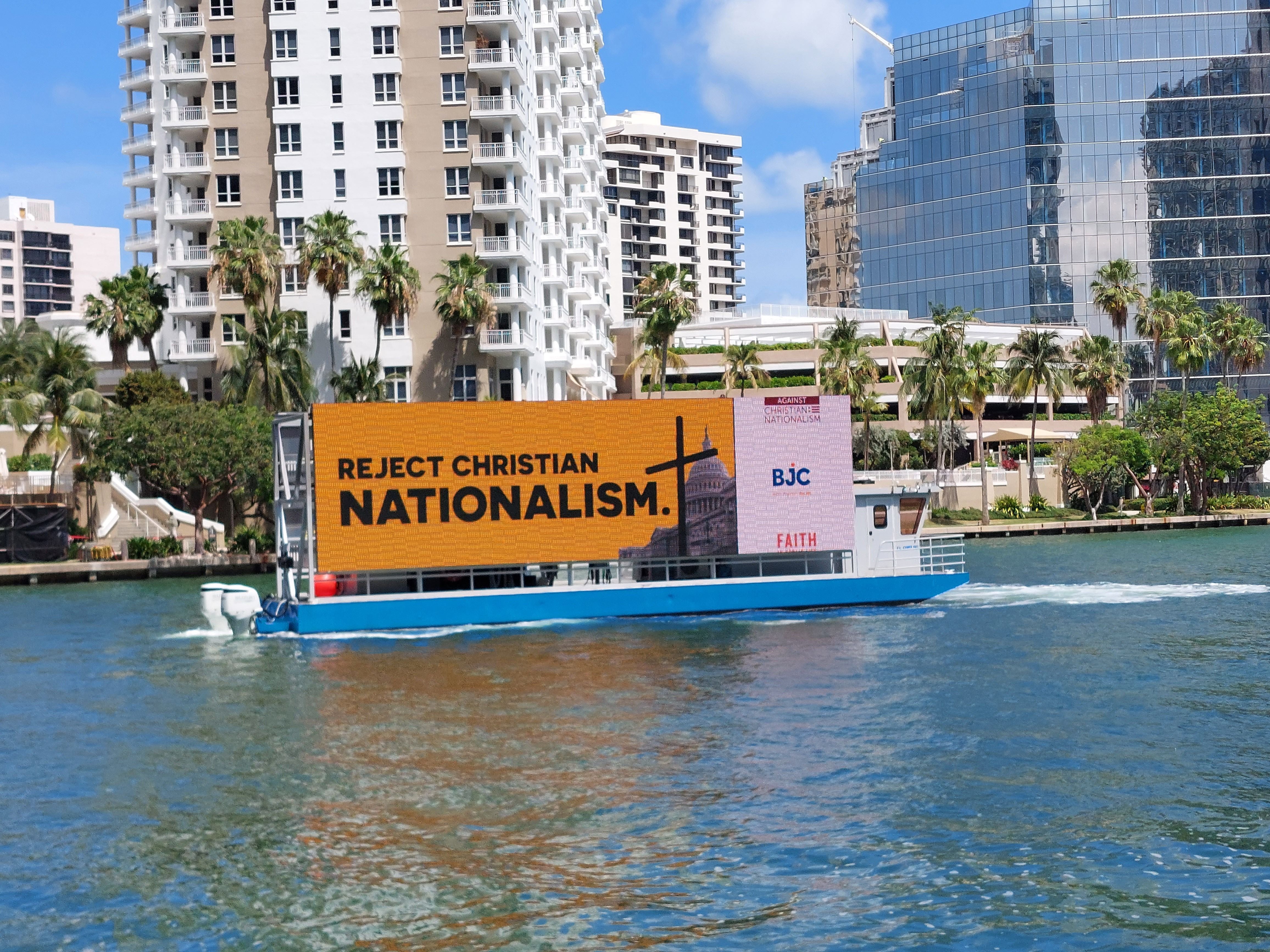 Faith leaders and clergy with a coalition of groups opposed to Christian nationalism launched a billboard campaign near Donald Trump’s Doral resort in Miami, which is hosting the ReAwaken America Tour. These images were provided to The Independent by Faithful America.