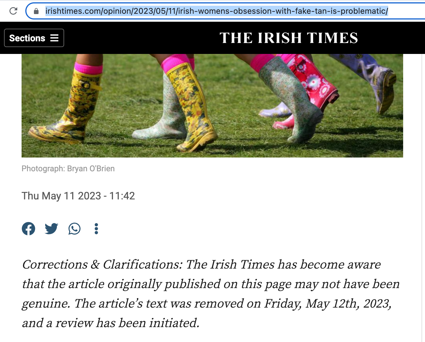 The article’s text has been replaced with a ‘corrections and clarifications’ message