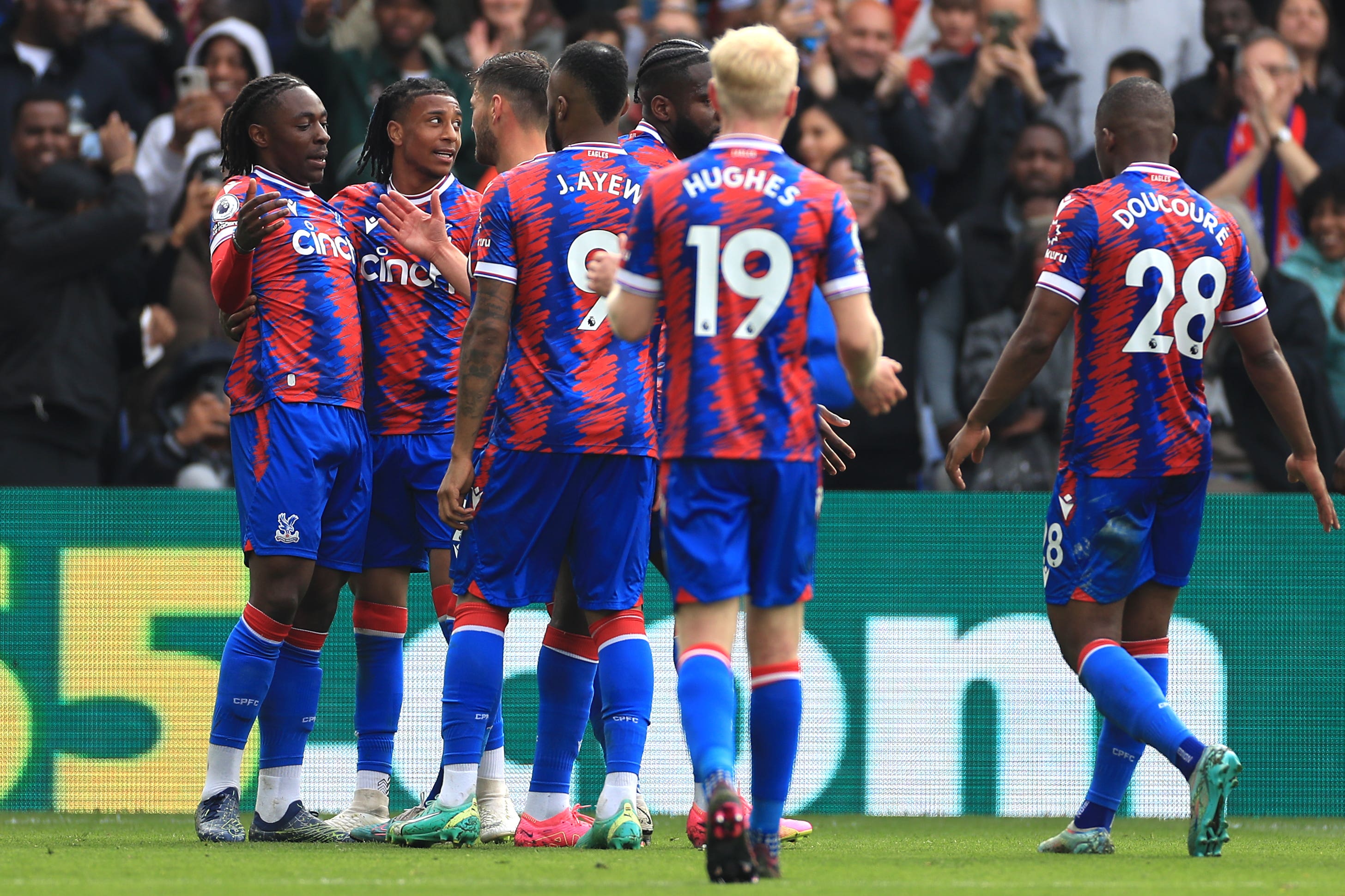 Eberechi Eze (left) celebrates with team-mates having scored twice against Bournemouth (Bradley Collyer/PA)