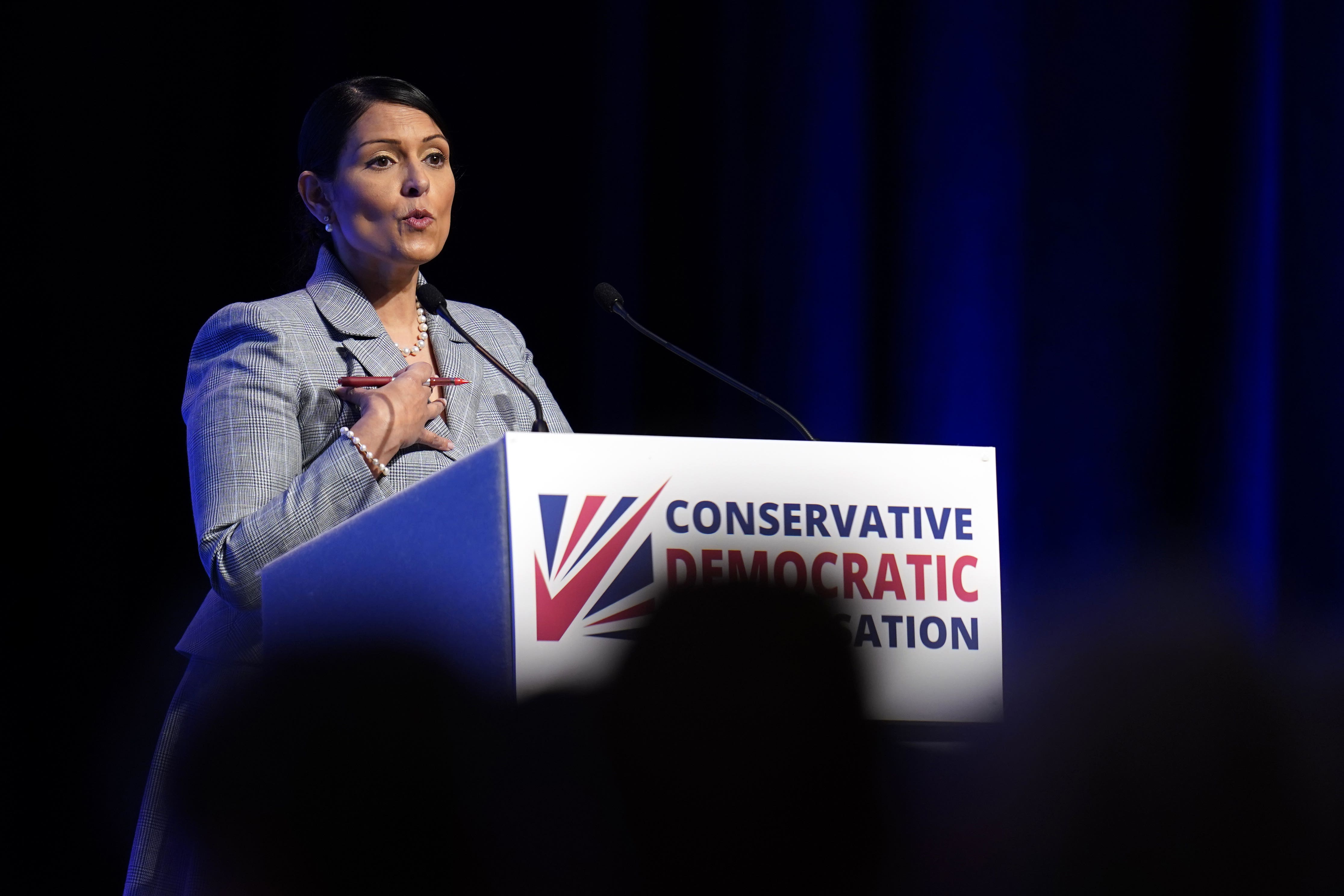 Priti Patel makes a speech during the Conservative Democratic Organisation conference at Bournemouth International Centre (Andrew Matthews/PA)