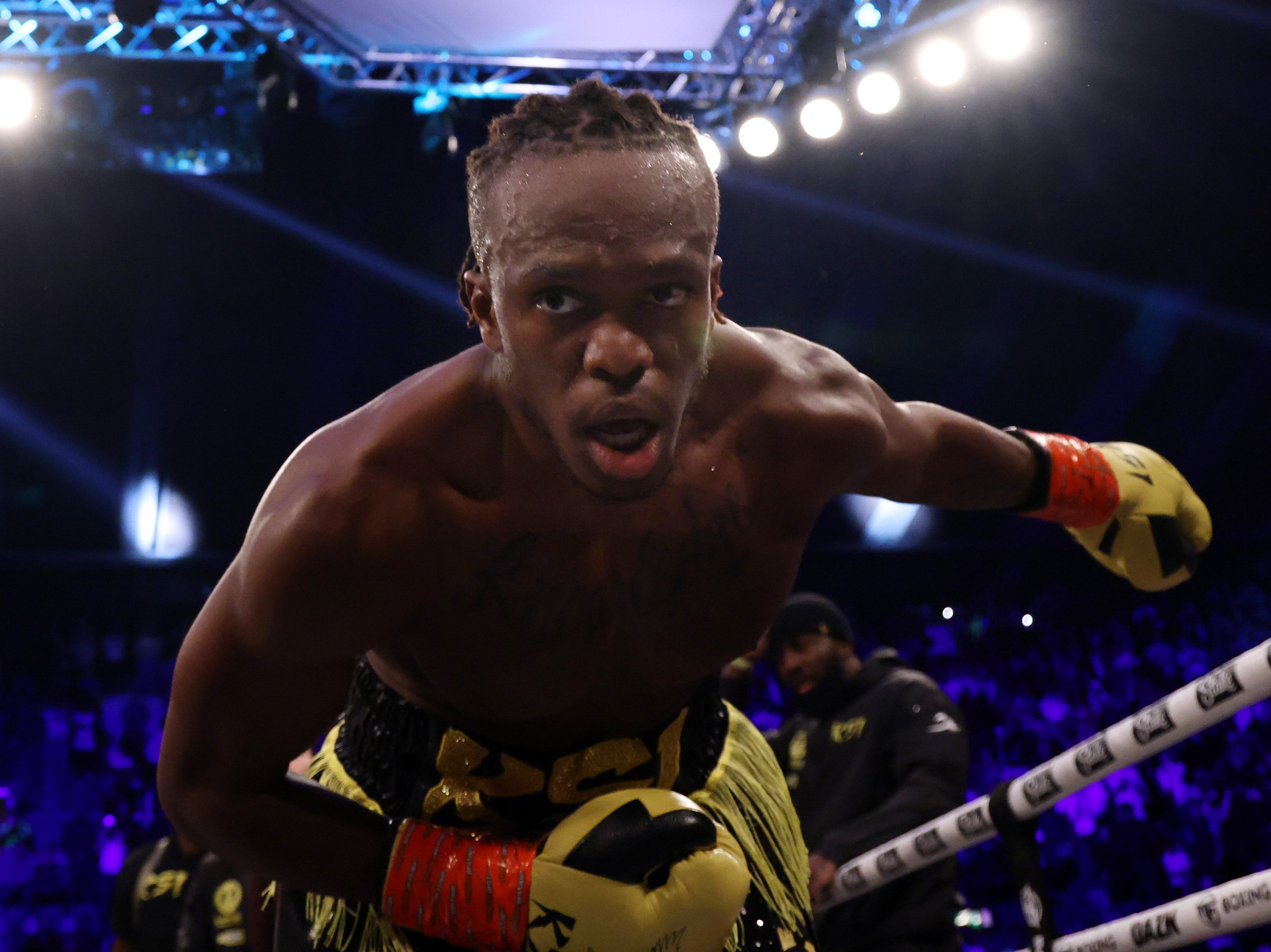 KSI celebrates his victory over Joe Fournier at Wembley Arena