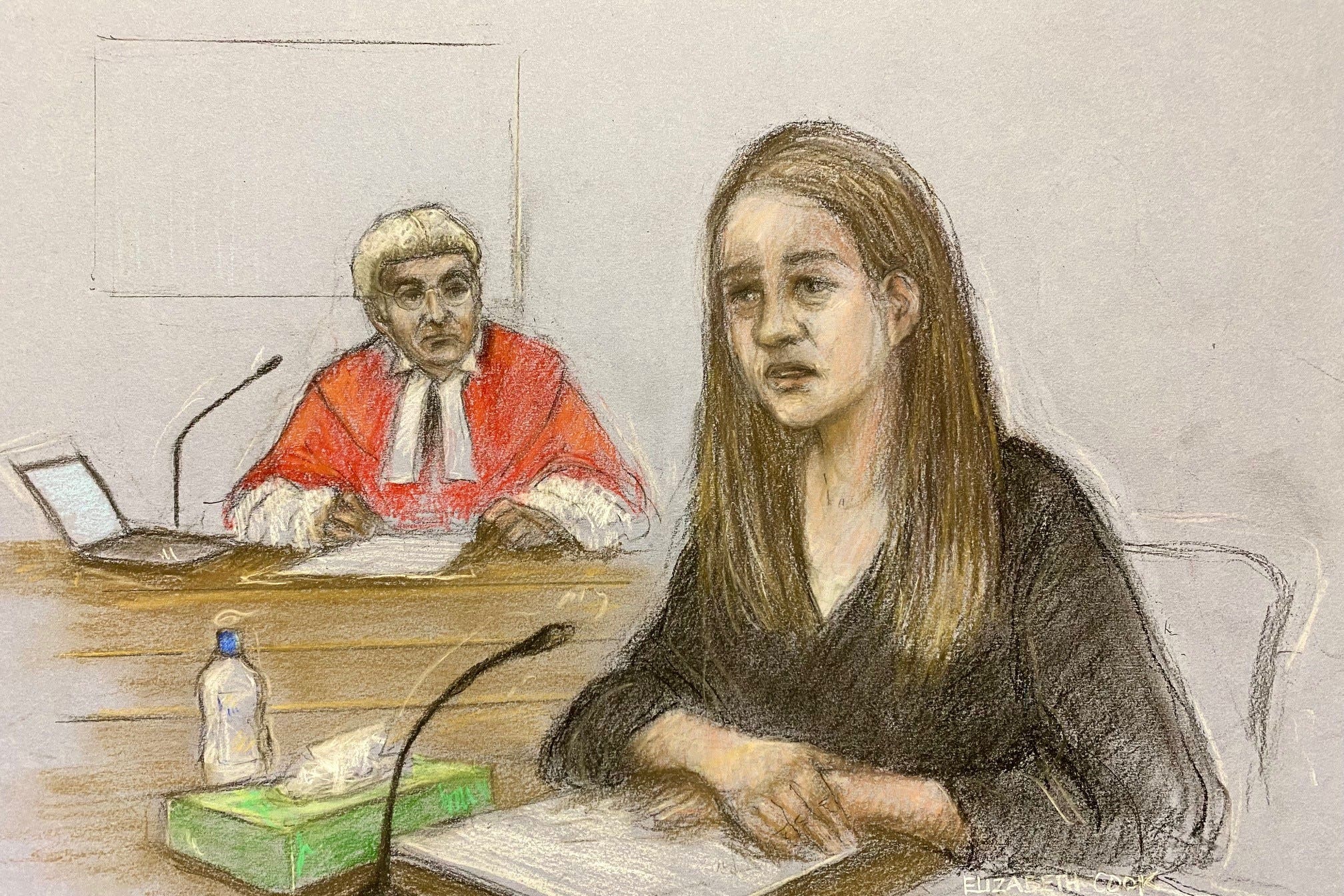 Court artist sketch of Lucy Letby giving evidence