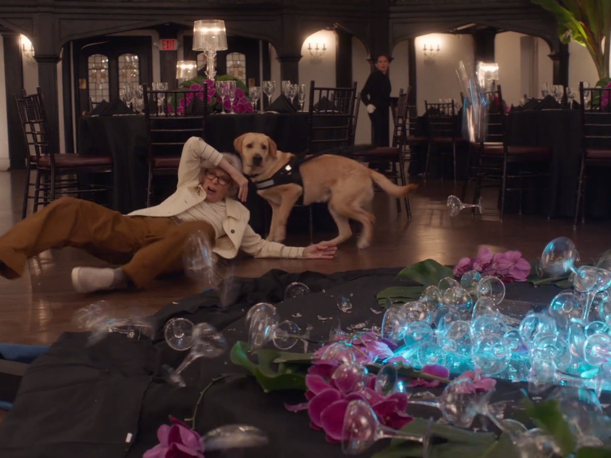 Keaton, playing a blind woman on a blind date, moments after colliding into a tower of glasses in the 2020 straight-to-plane comedy ‘Love, Weddings and Other Disasters’