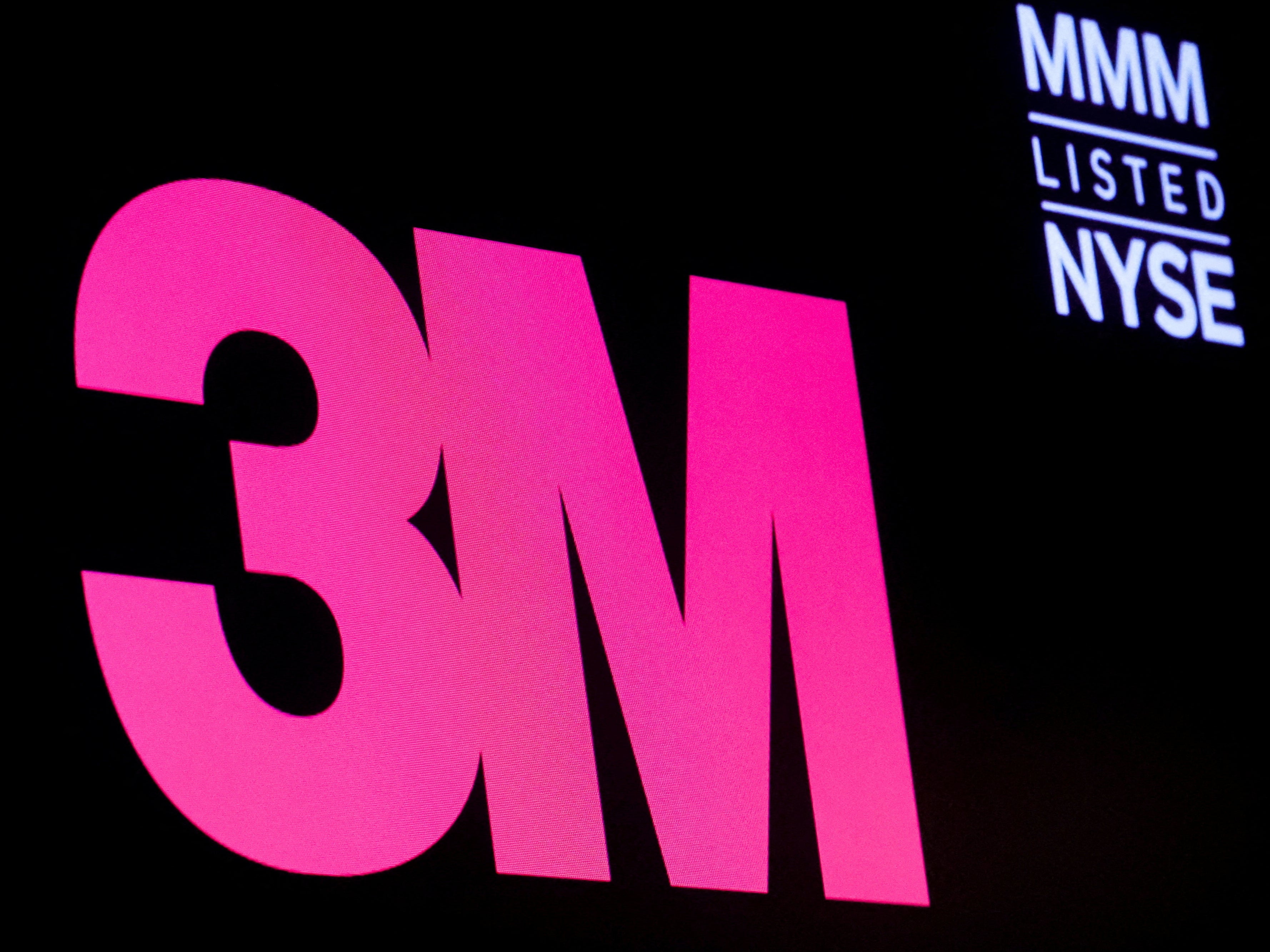 FILE PHOTO: The company logo and trading information for 3M is displayed on a screen on the floor of the New York Stock Exchange (NYSE) in New York City, U.S., November 29, 2022. REUTERS/Brendan McDermid/File Photo