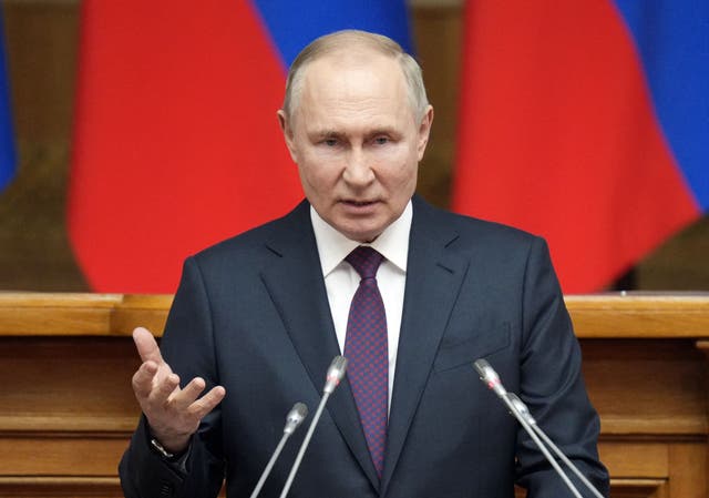 <p>President Putin said the West is trying to break Russia up into states </p>