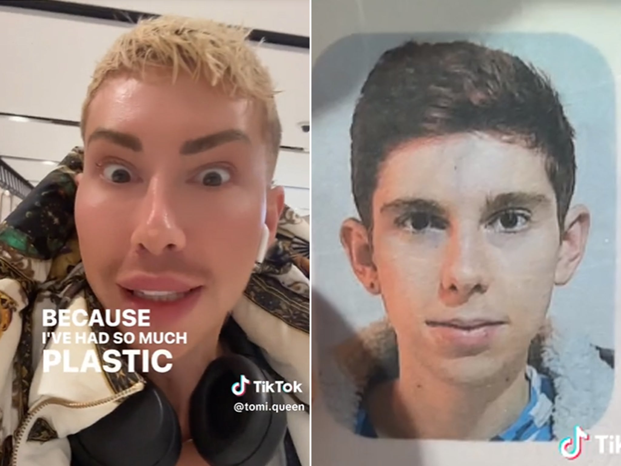 Tomi Grainger on Tiktok, with his passport photo (right)