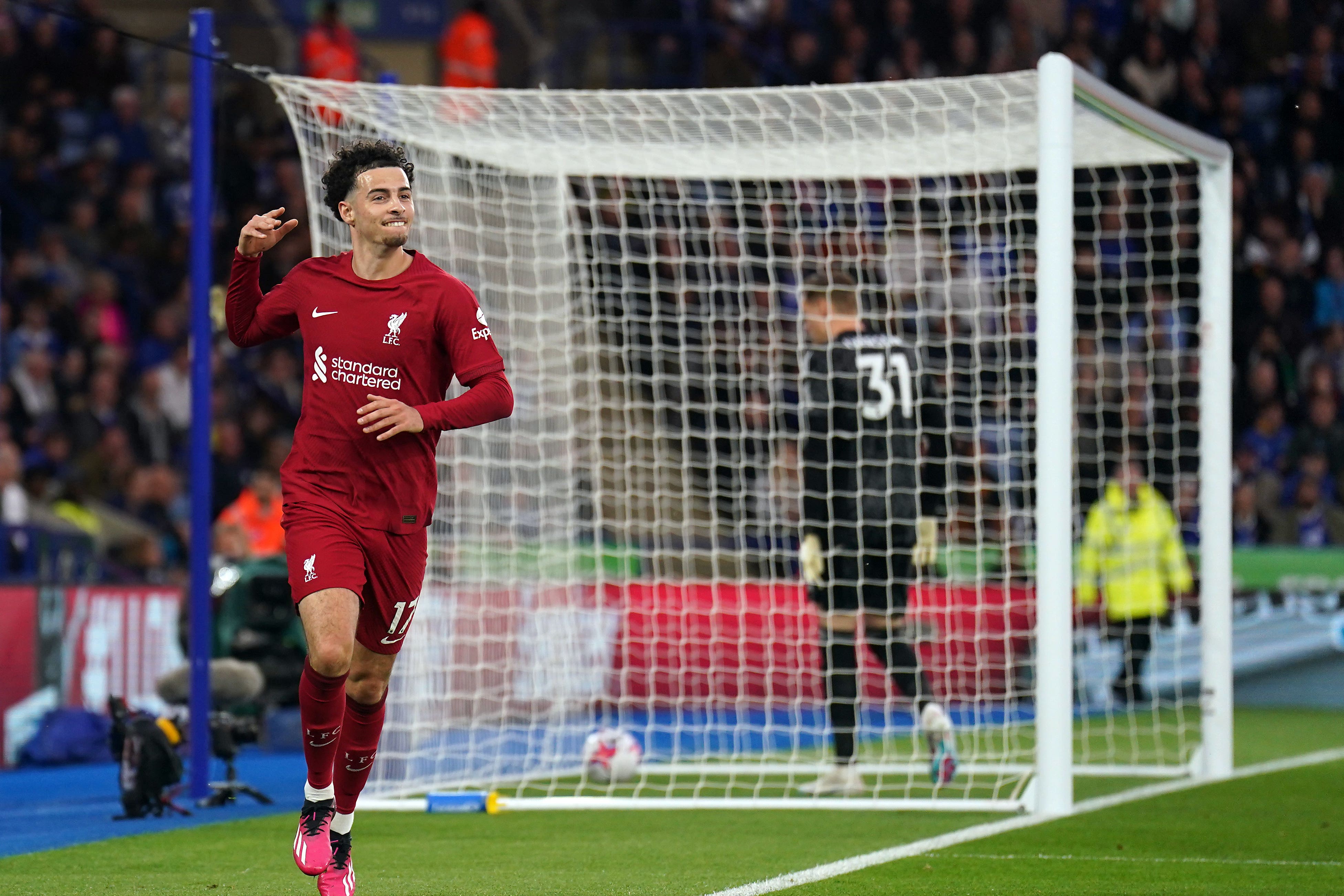 Liverpool’s Curtis Jones grabbed two goals in the win at Leicester (Tim Goode/PA)