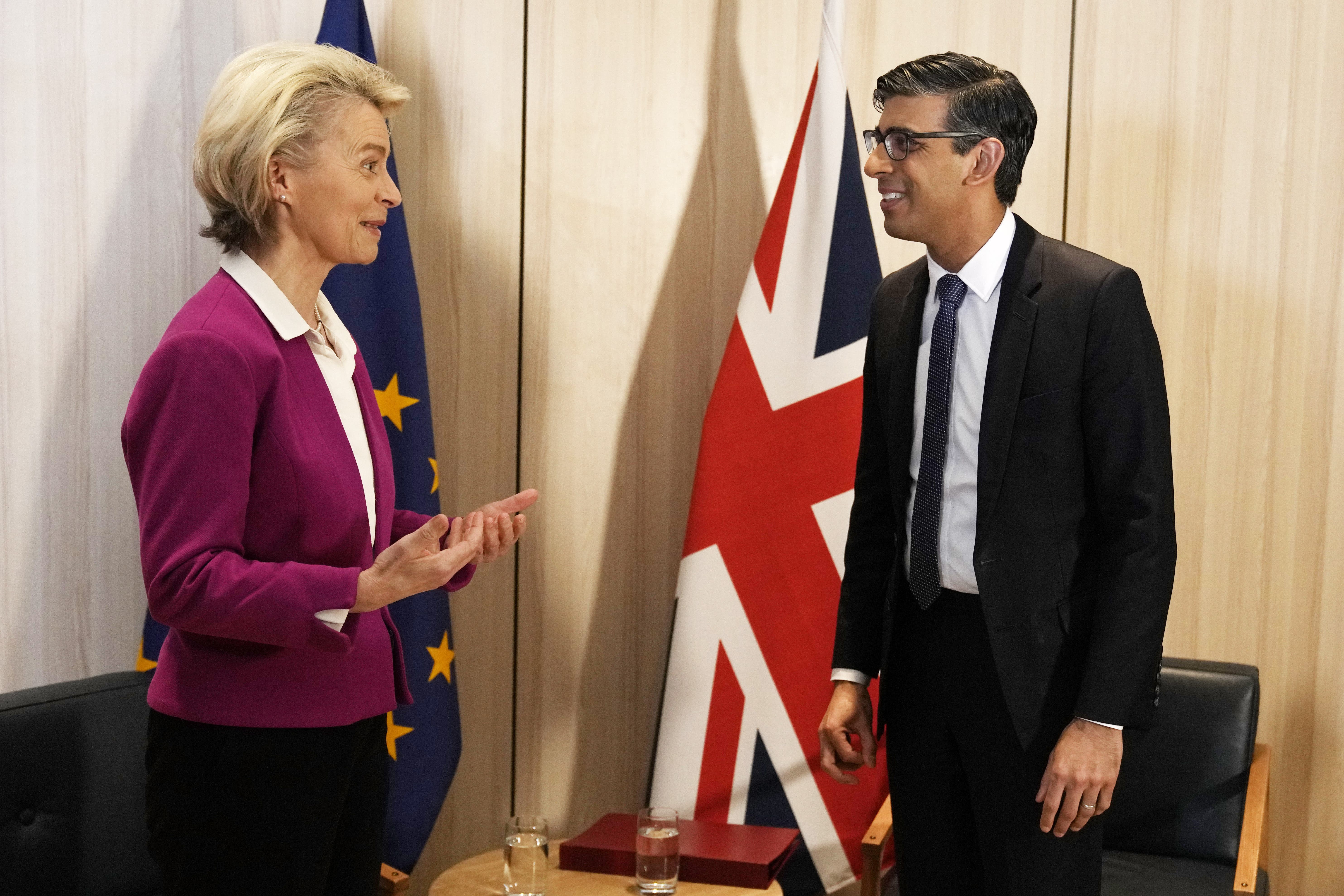 Prime Minister Rishi Sunak and European Commission president Ursula von der Leyen before a bilateral meeting at the Council of Europe summit at the Harpa concert in Reykjavik, Iceland (Alastair Grant/PA)