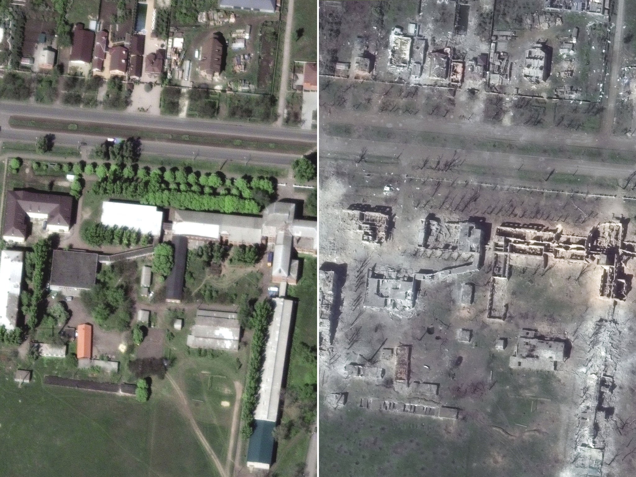 Satellite view of a university and radio tower on Chaikovskoho Street as seen on 8 May last year. Destroyed university and radio tower brought down seen on the same street as seen from this week