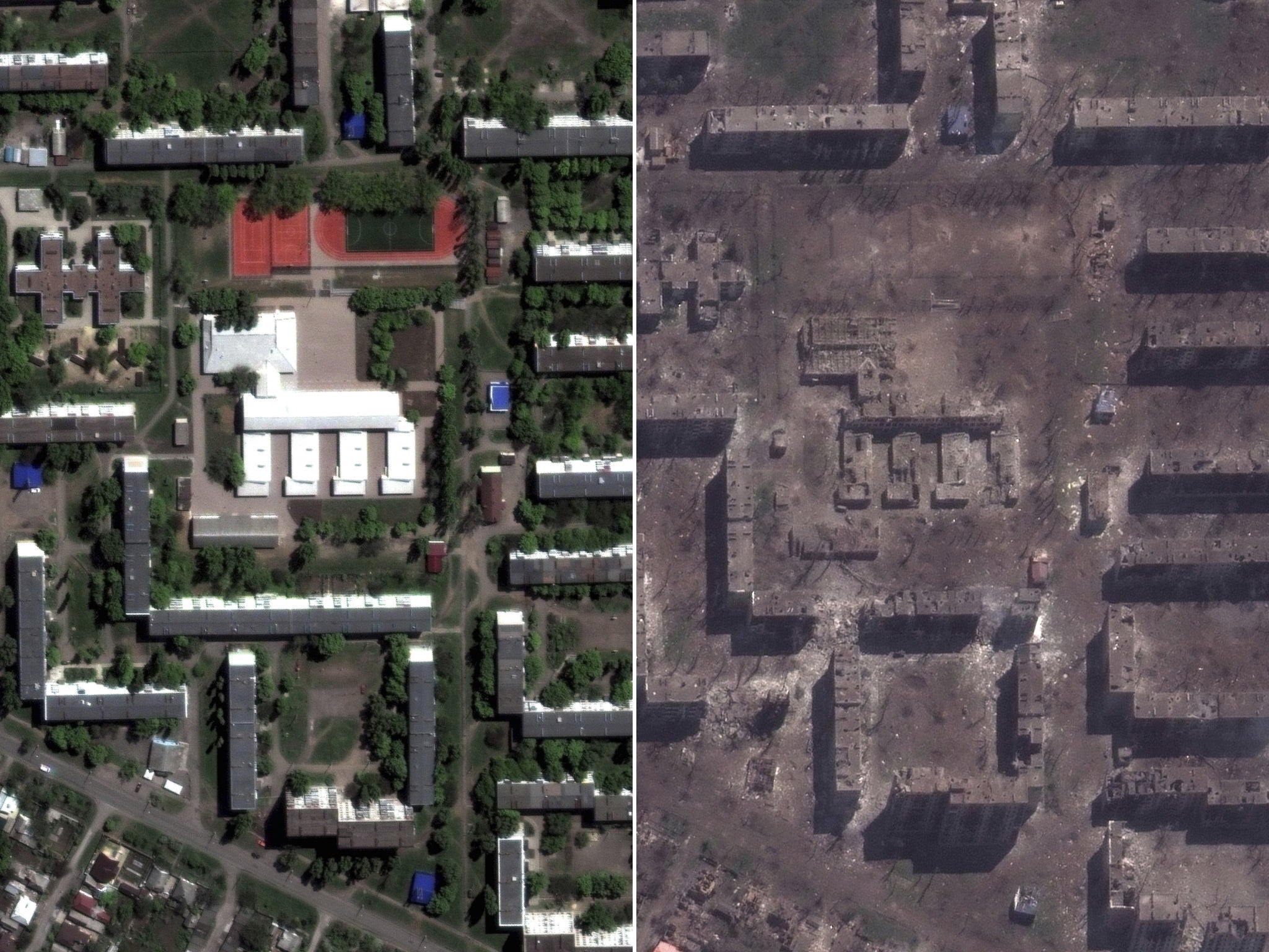 These satellite images provided by MaxarTechnologies show school and apartment buildings in Bakhmut, Ukraine, Sunday, 8 May 2022, top, and the same buildings demolished on 15 May