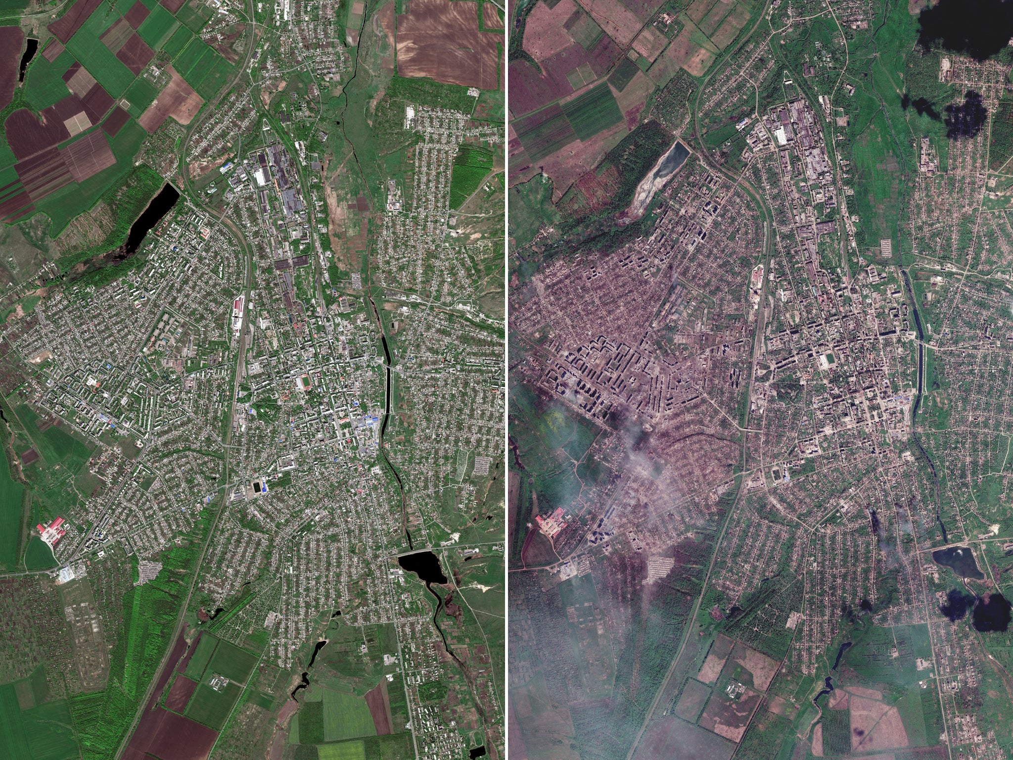 An overview of frontline city Bakhmut as seen in May last year compared to Bakhmut as seen on 15 May after nearly 10 months of war