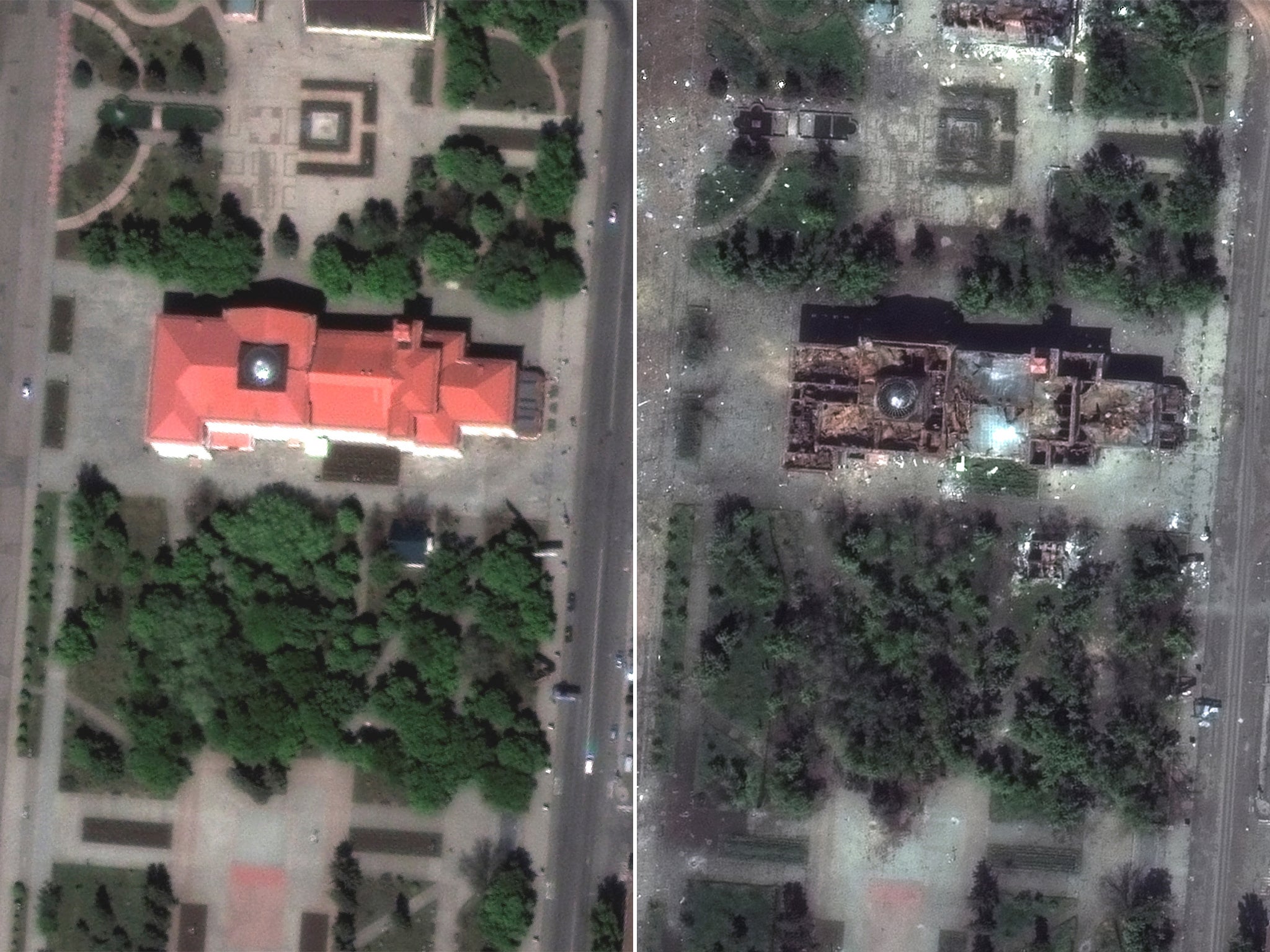 Theatre and stores seen in central Bakhmut housing cultural and public event spots as seen on 8 May last year compared to them reduced to rubble as seen earlier this week