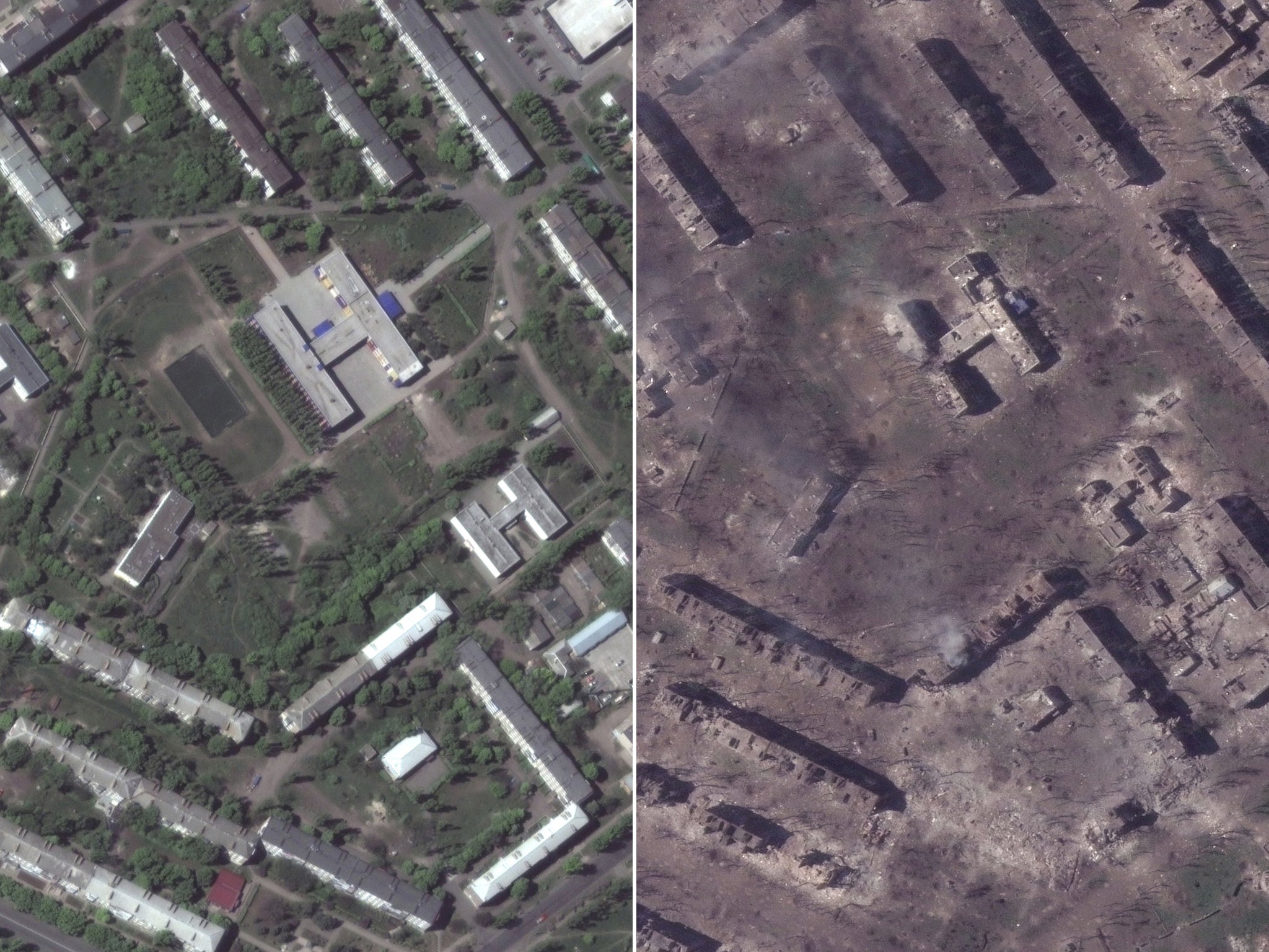 These satellite images provided by Maxar Technologies show schools and apartments in northwest of Bakhmut seen in May last year (left), with the same premises seen this week after months of bombing and missile attacks