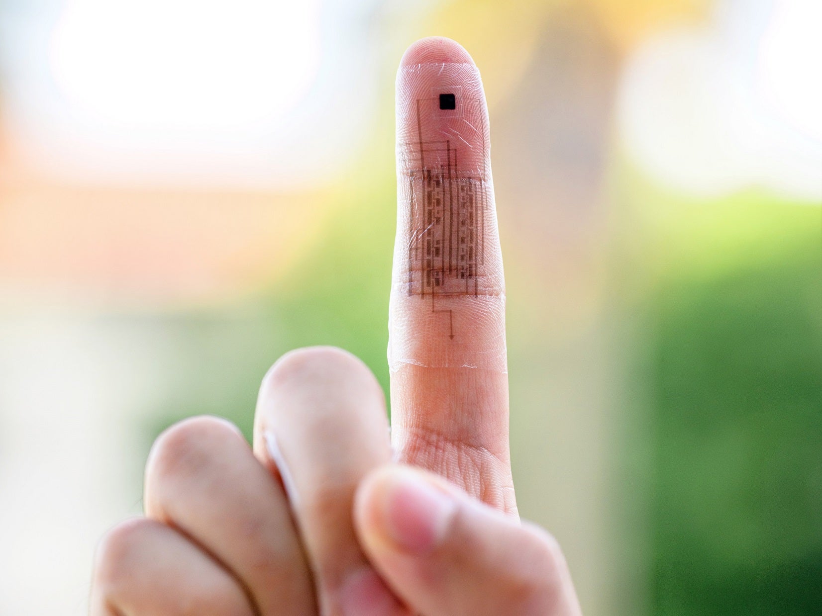 A prototype of the electronic skin, which can sense pressure, temperature and strain