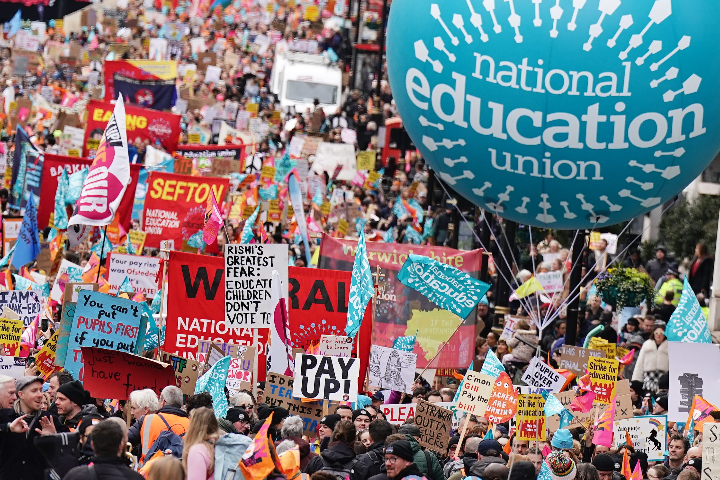 Striking members of the National Education Union in March (Aaron Chown/PA)