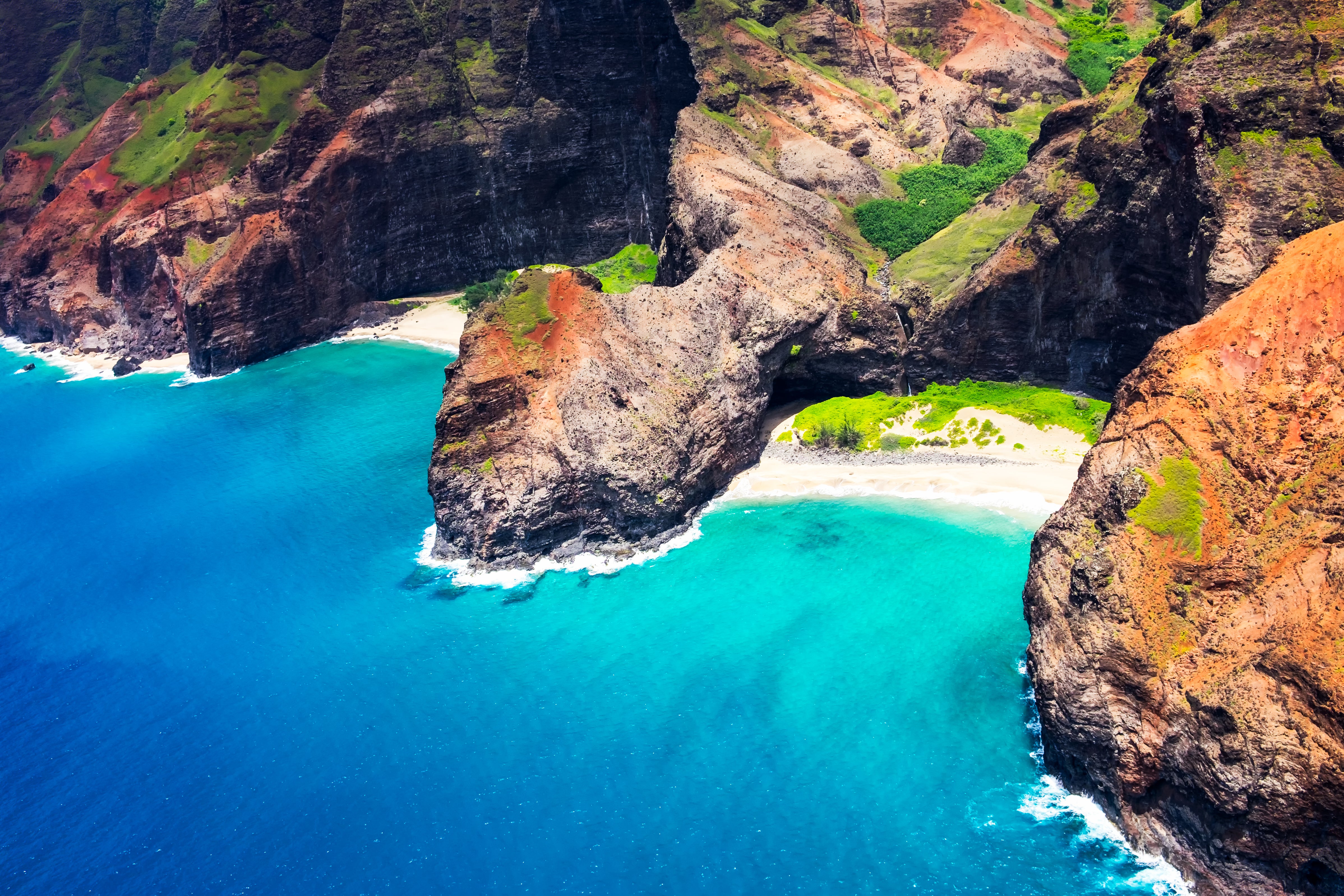 An aerial view of Honopu Arch, Hawaii