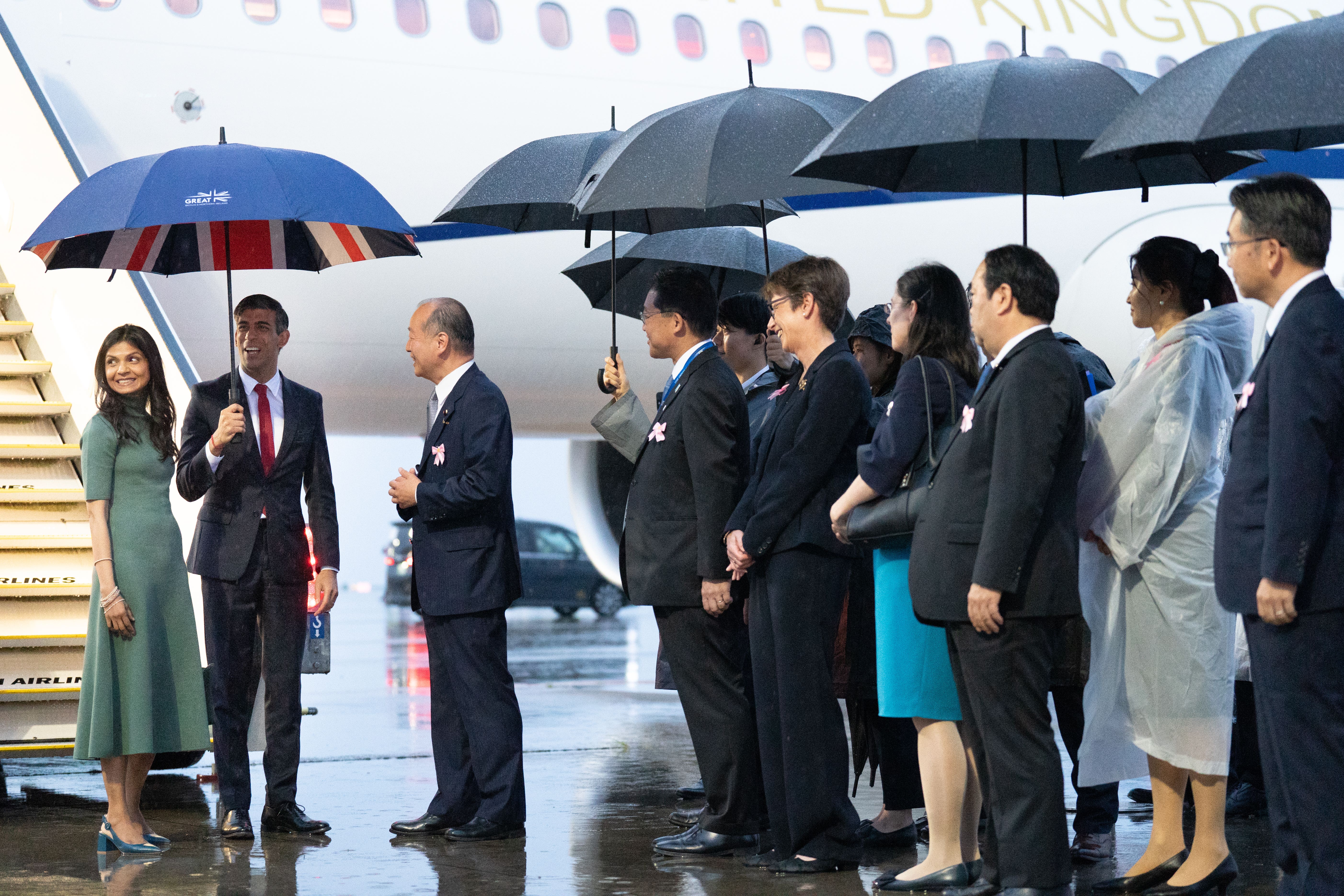 Sunak and his wife Akshata Murty arrive by plane in Hiroshima after their visit to Tokyo