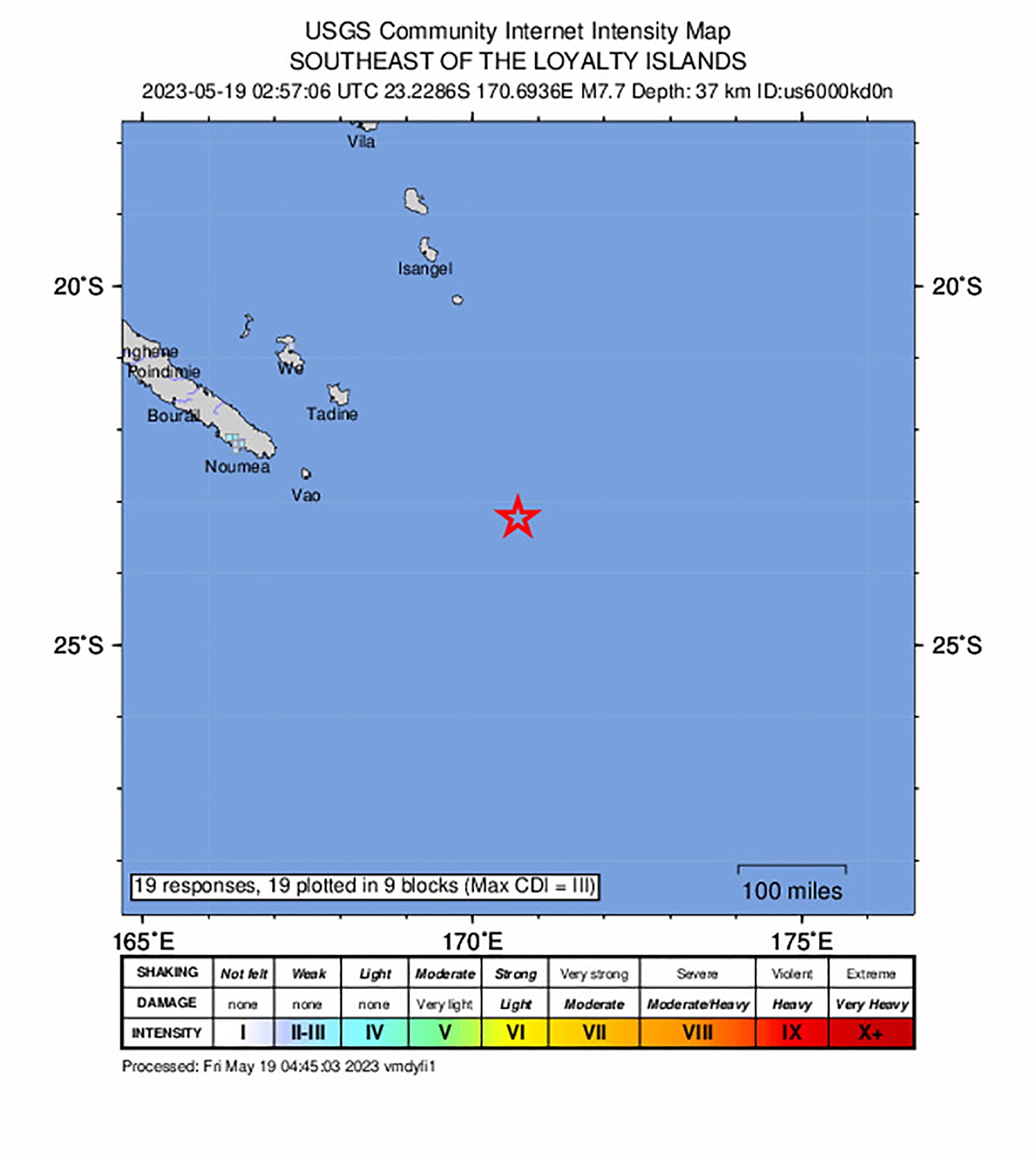 A handout shakemap made available by the United States Geological Survey (USGS) shows the location of a 7.7-magnitude earthquake