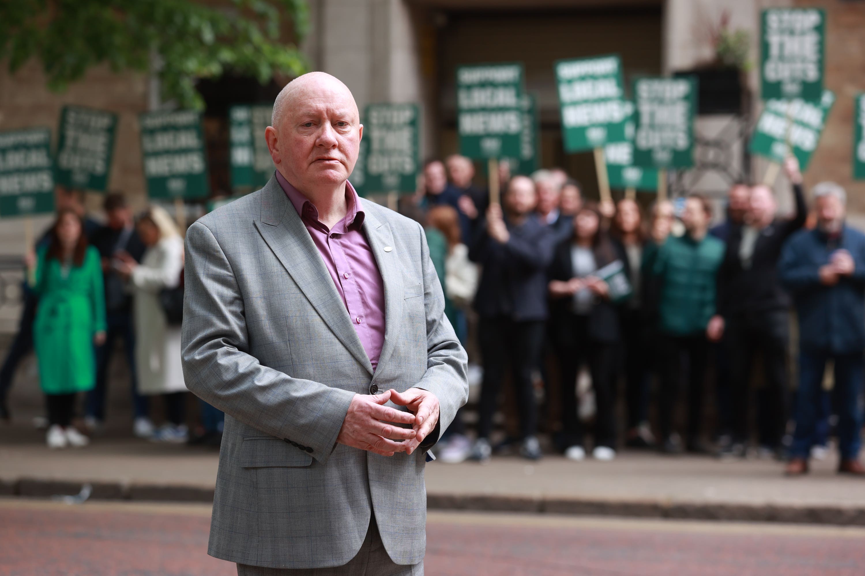 Seamus Dooley, NUJ assistant general secretary with BBC NI journalists on the picket line at BBC NI, Broadcasting House in Belfast (Liam McBurney/PA)