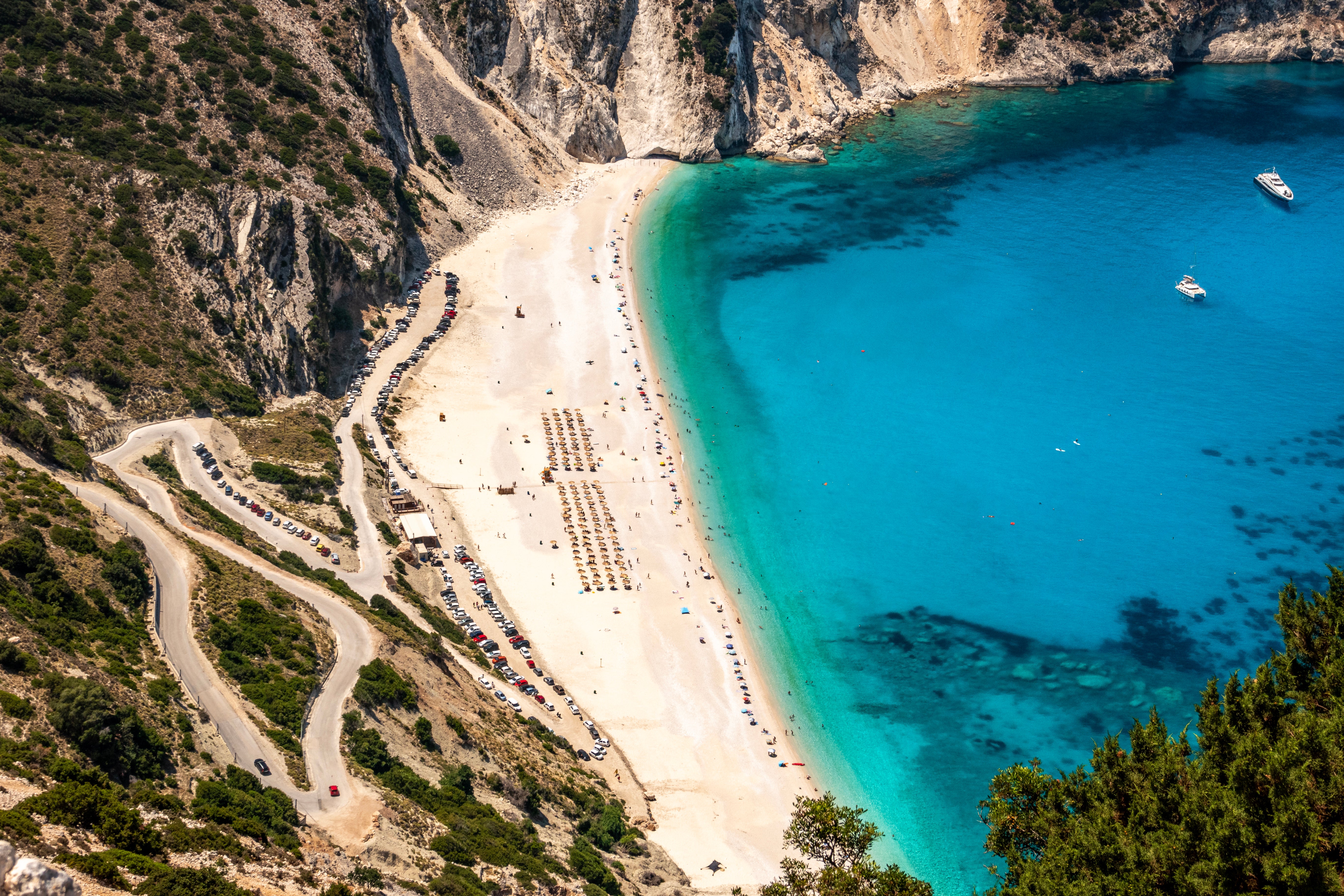 An aerial view of Myrtos Beach