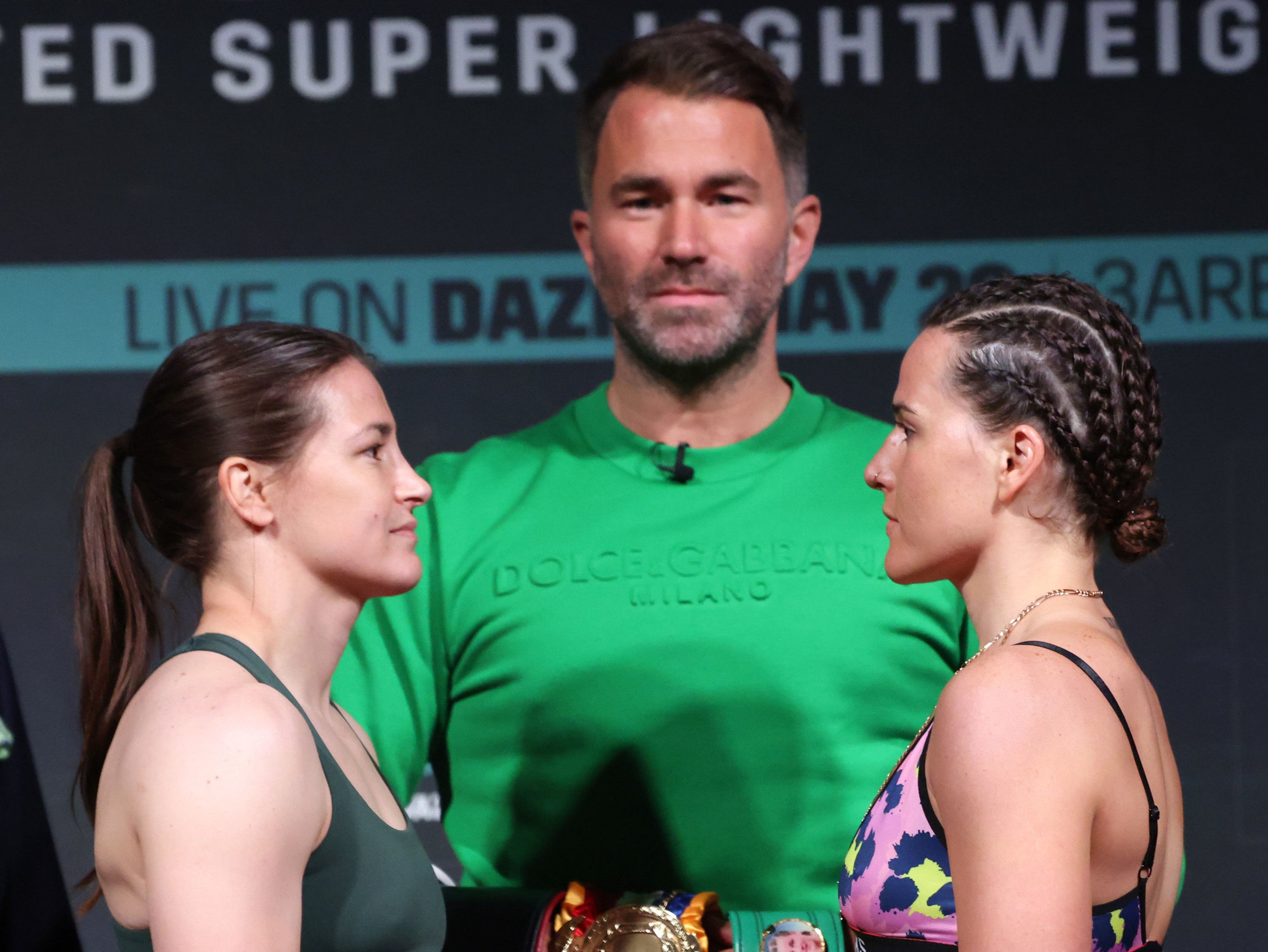 Katie Taylor (left) challenges Chantelle Cameron in Dublin