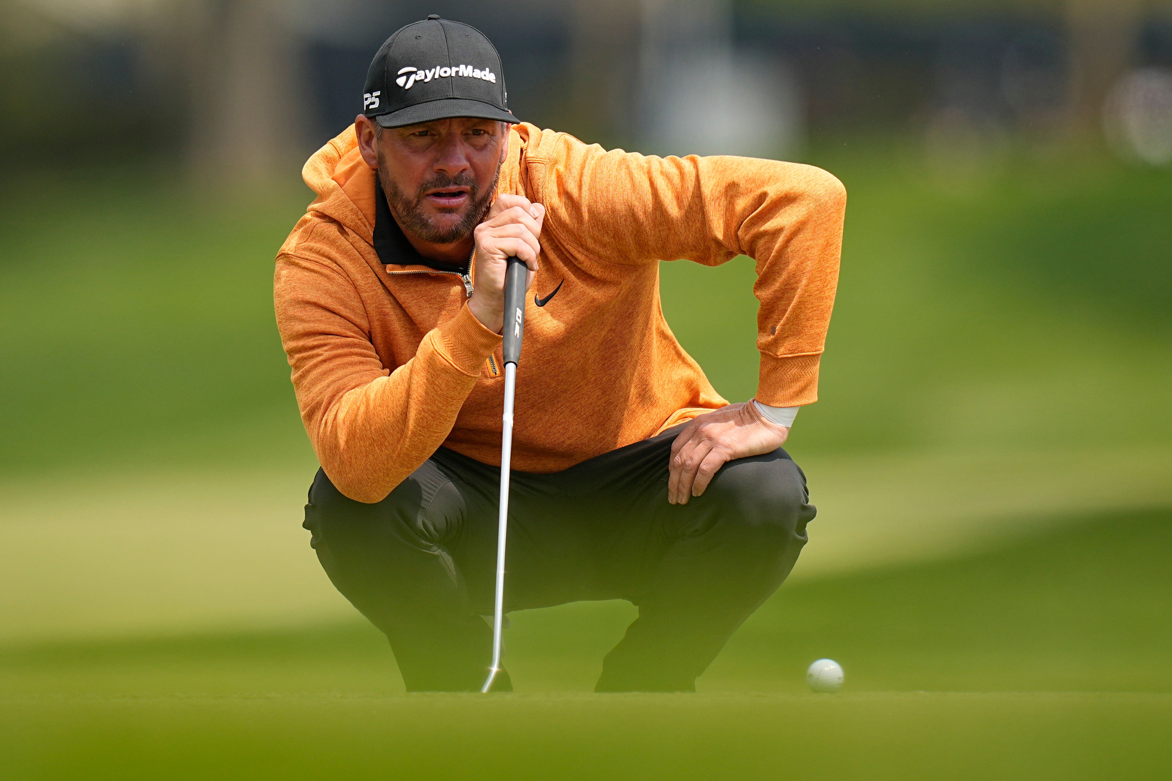 Michael Block lines up a putt on the eighth hole during the second round of the US PGA Championship (Eric Gay/AP)