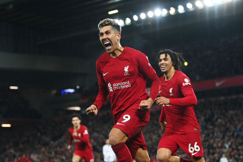 Firmino celebrates scoring in Liverpool’s 7-0 win against Manchester United