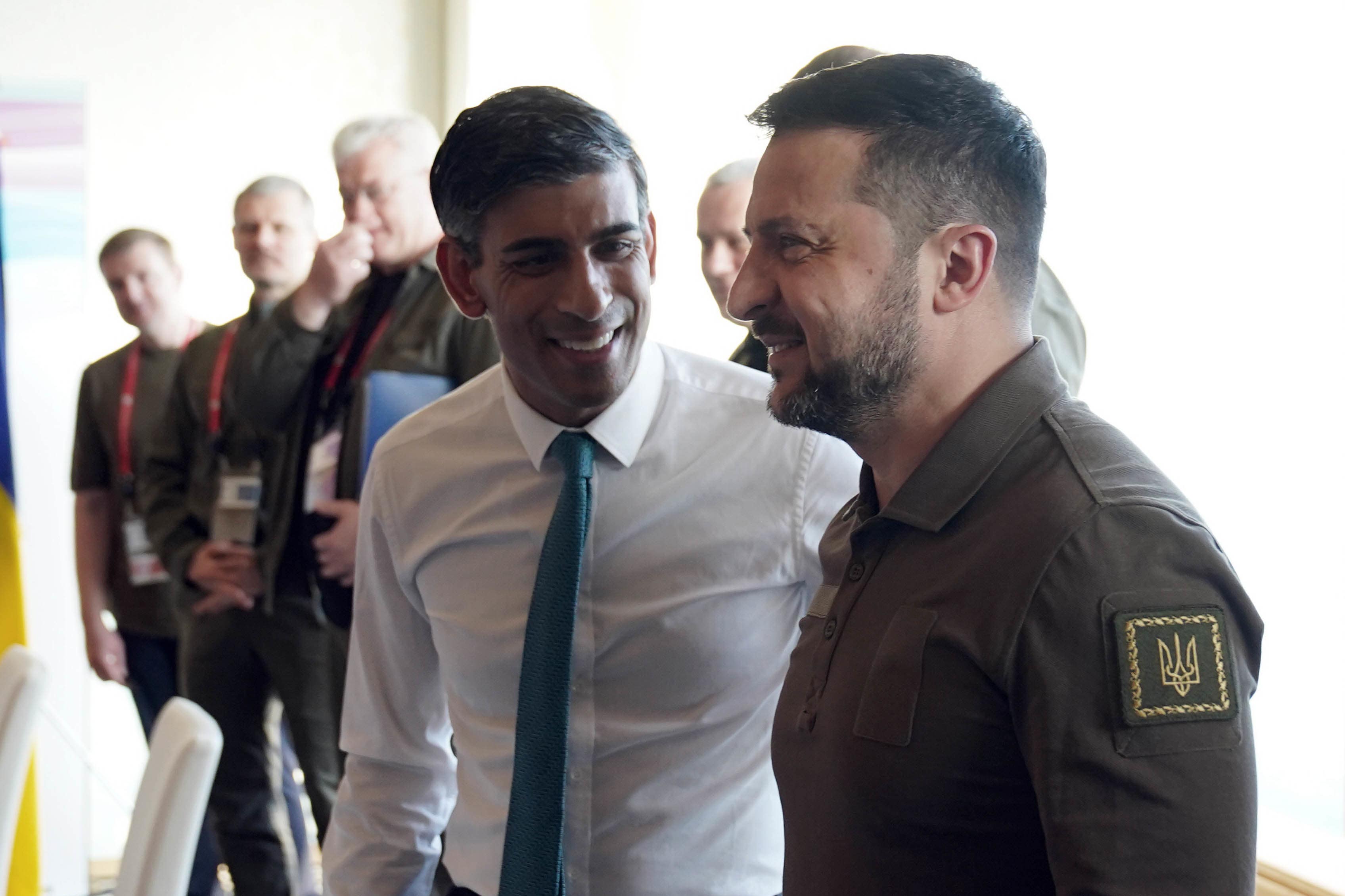 Prime Minister Rishi Sunak and Ukraine president Volodymyr Zelensky meet at the Grand Prince Hotel during the G7 summit in Hiroshima, Japan (Stefan Rousseau/PA)