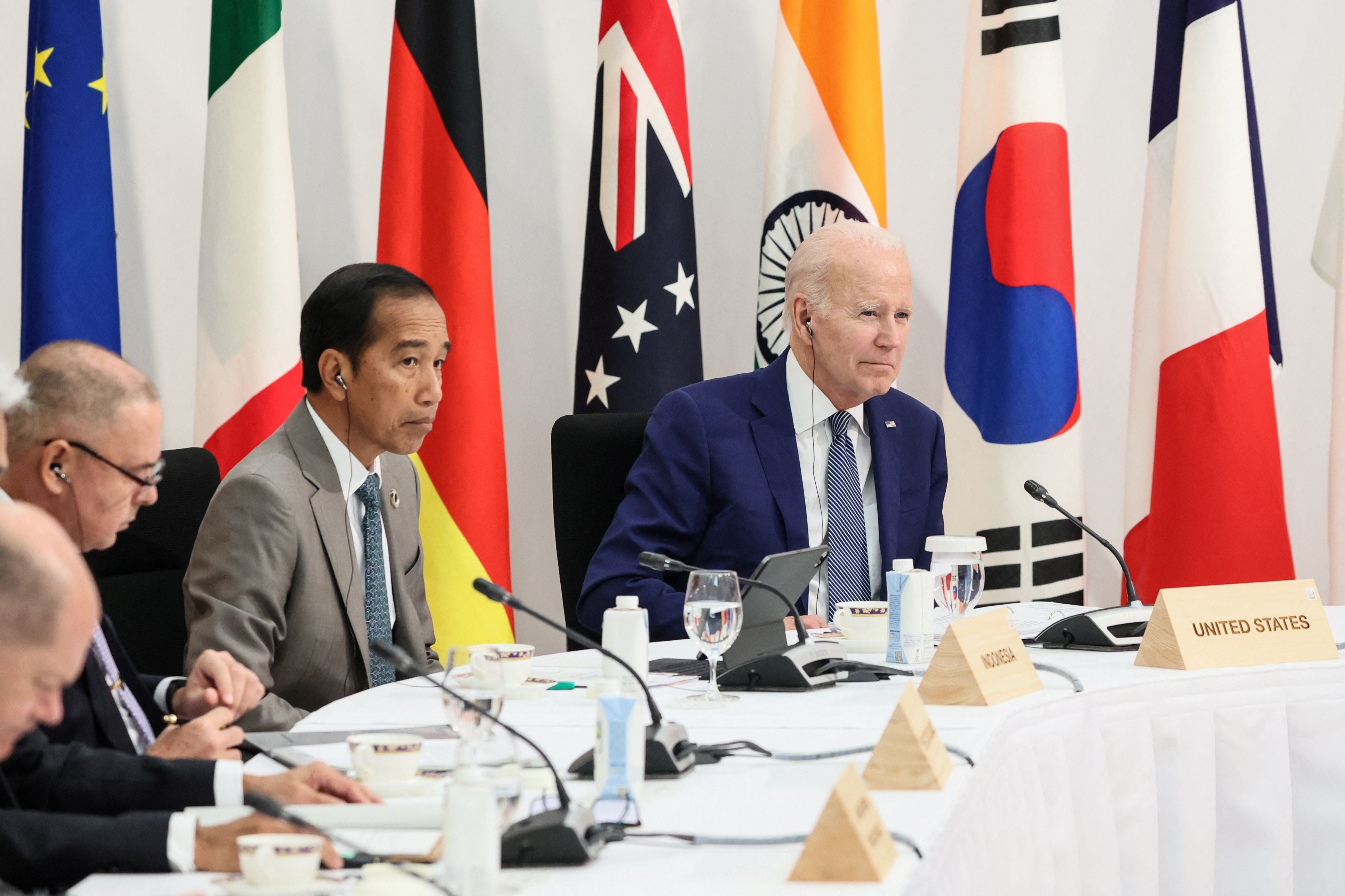 Joe Biden (right) and Indonesia’s president Joko Widodo at the G7 Summit