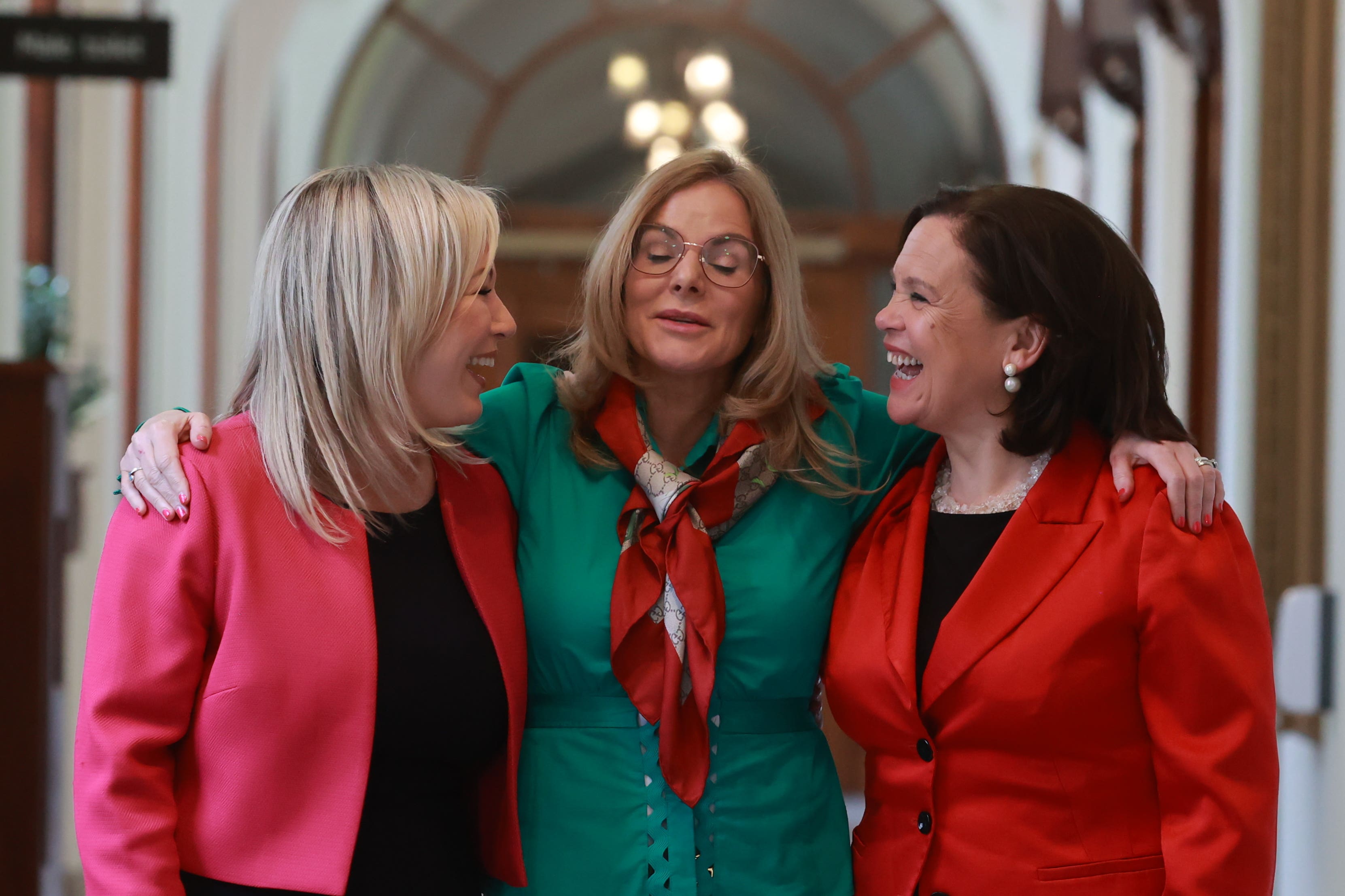 Sinn Fein vice president Michelle O’Neill with Tina Black, who has won her seat, and Sinn Fein president Mary Lou McDonald at Belfast City Hall (Liam McBurney/PA)